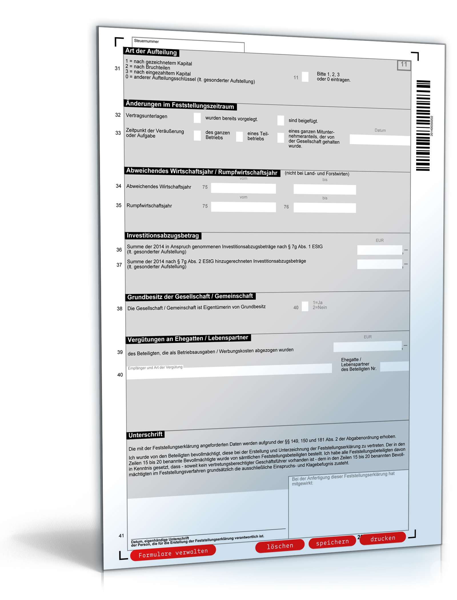 Erklärung zur gesonderten und einheitlichen Feststellung 2014 PDF. Seite: 2