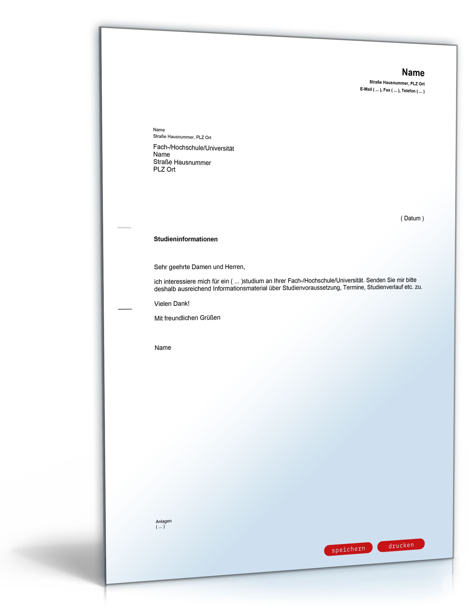 Anfrage wegen der Immatrikulation an einer Hochschule PDF