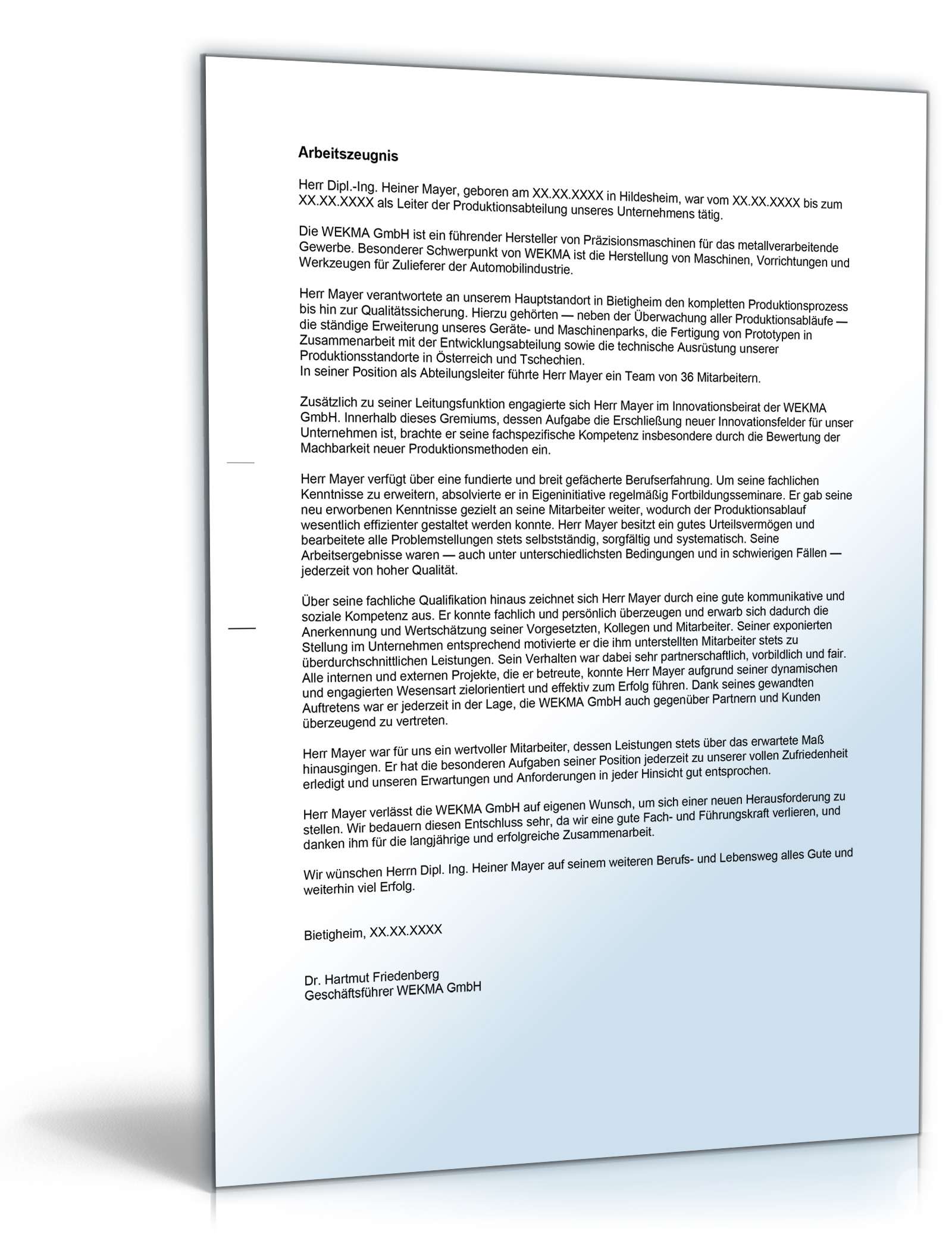 Arbeitszeugnis Führungskraft Gut Word