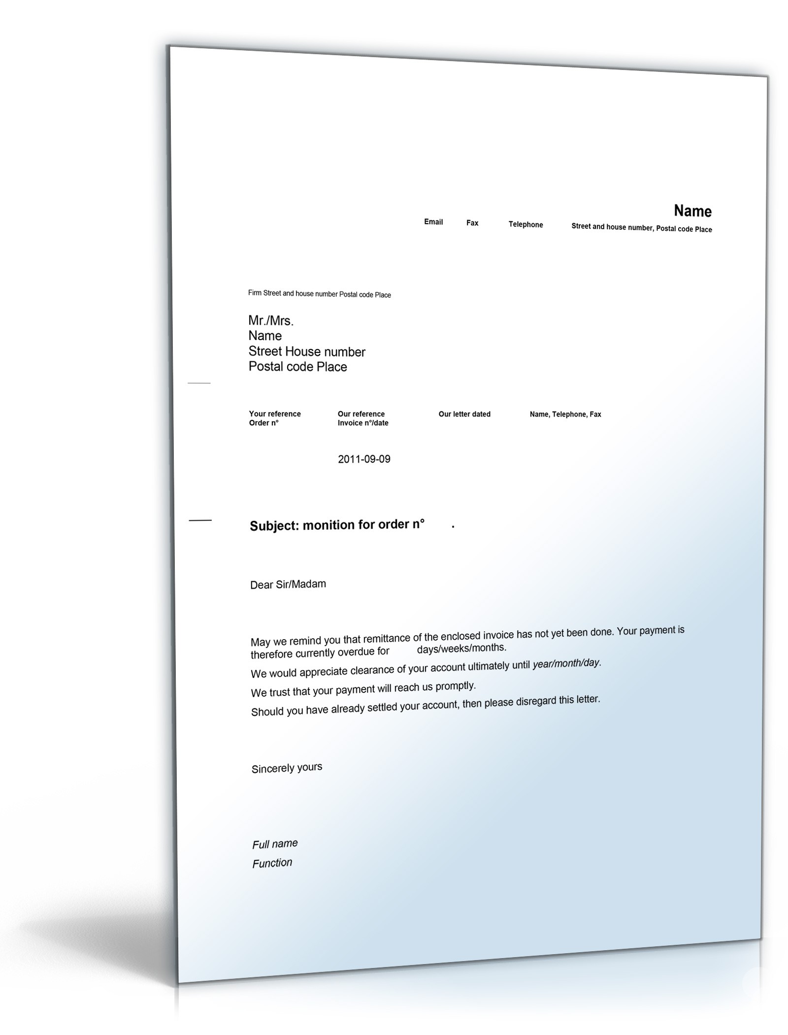 Mahnung auf Englisch (Monition) Word