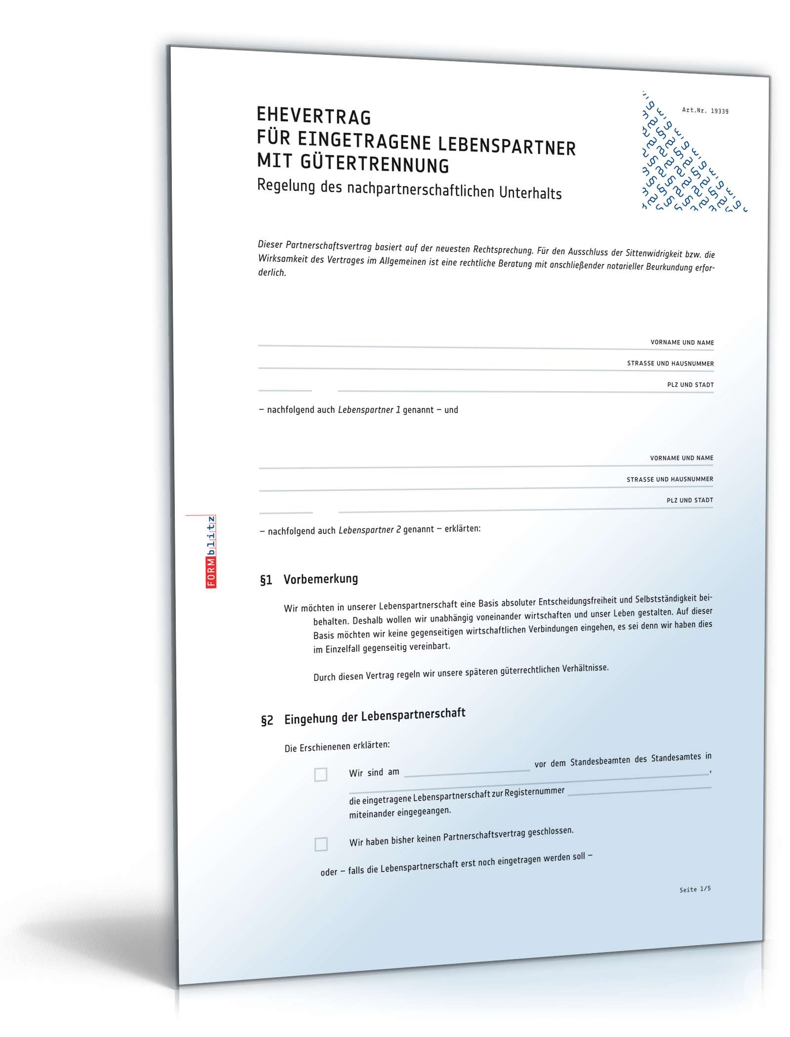 Ehevertrag eingetragene Lebenspartner Gütertrennung PDF