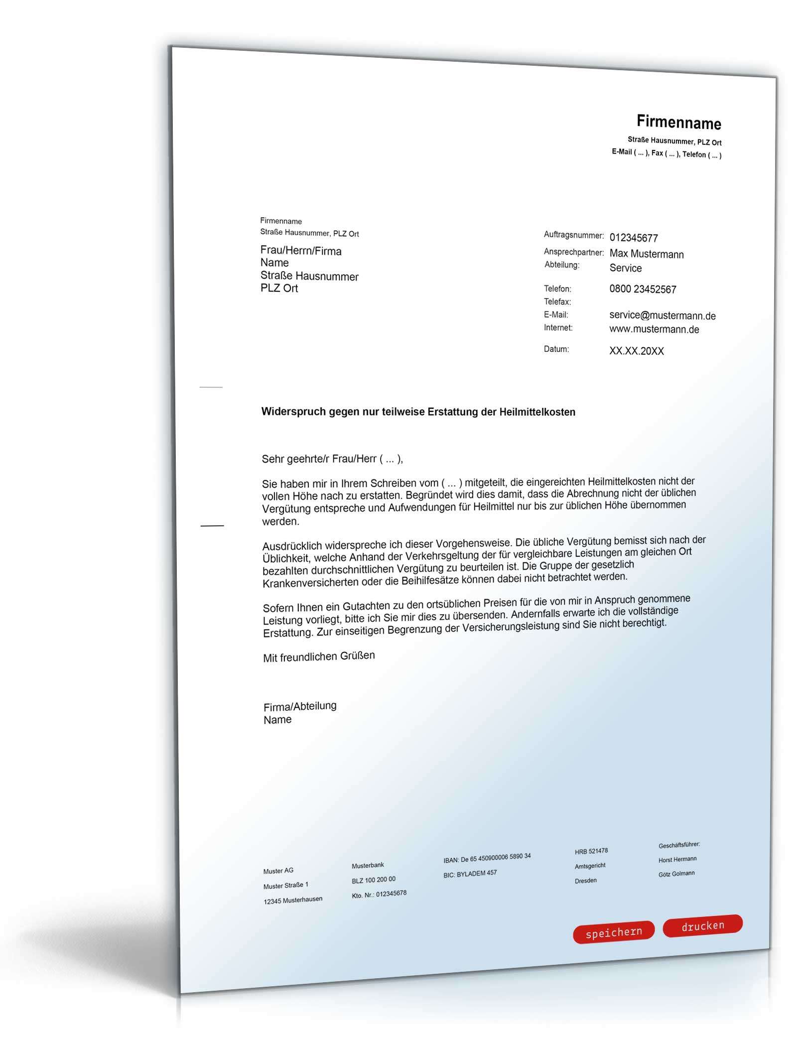 Widerspruch gegen die nur teilweise Erstattung durch die PKV PDF