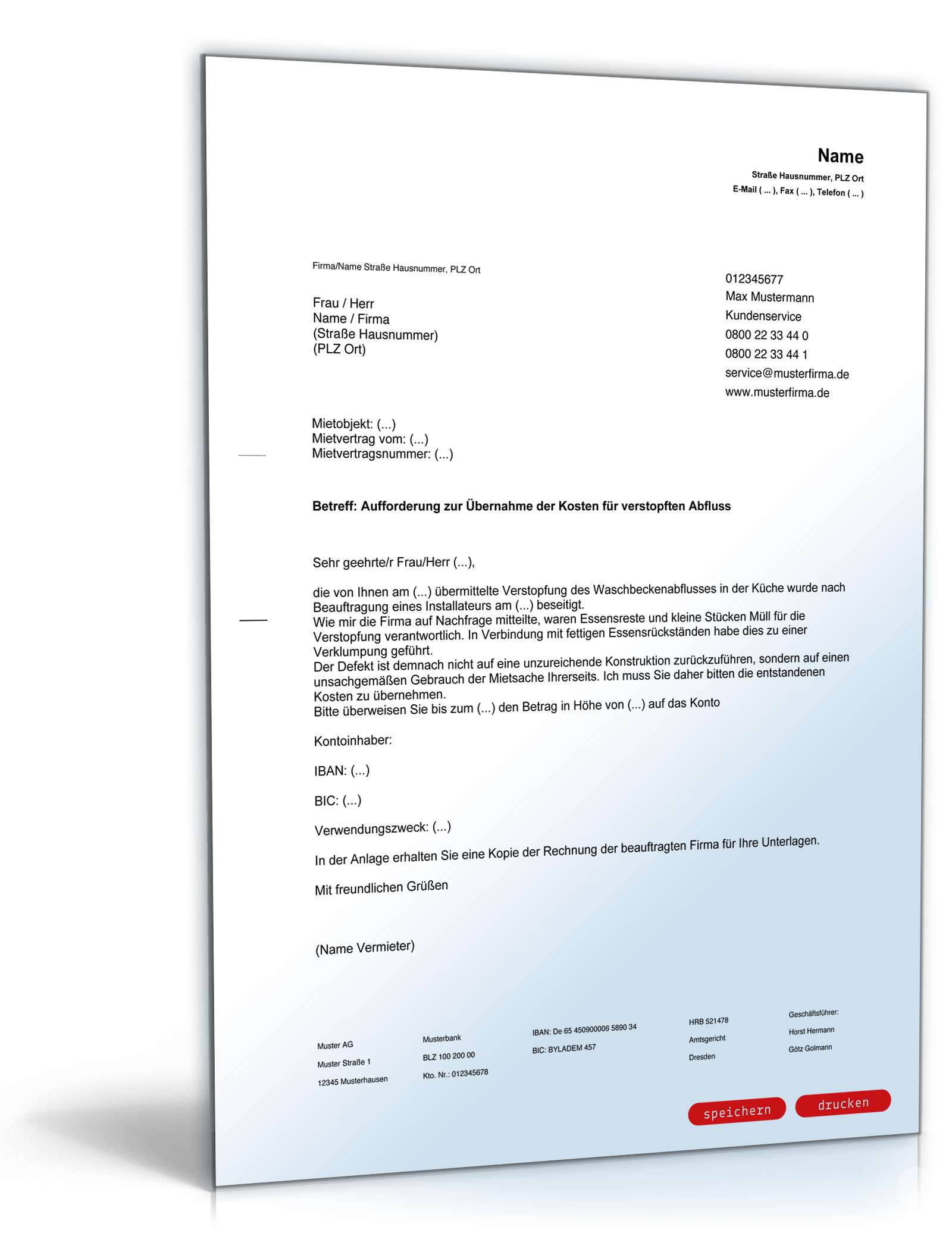 Aufforderung Kostenübernahme verstopfter Abfluss PDF