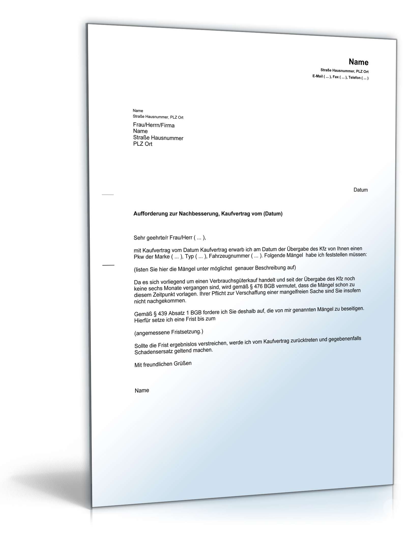 Aufforderung zur Nachbesserung bei Mangelhaftigkeit nach Kfz-Kauf PDF