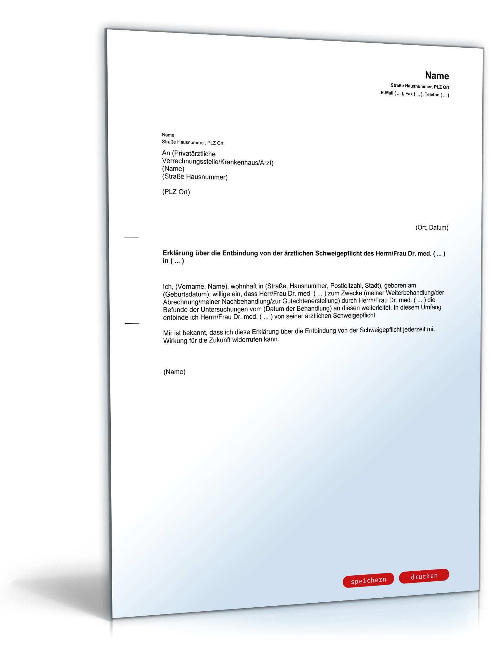 Entbindung von der ärztlichen Schweigepflicht zur Weiterleitung von Daten PDF