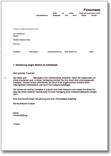 Abmahnung wegen Alkohol am Arbeitsplatz Word