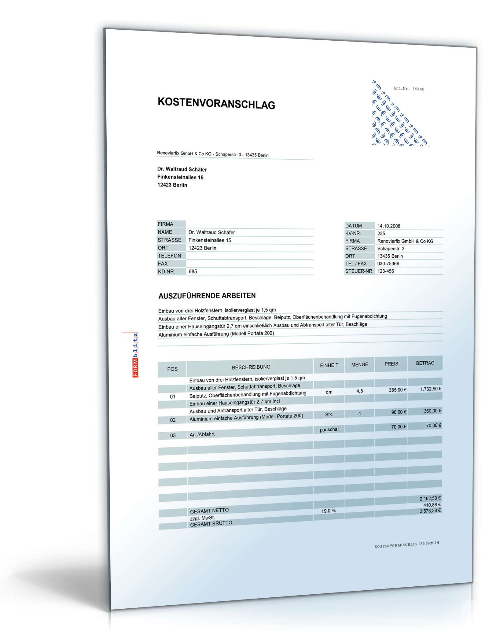 Kostenvoranschlag Fenster- und Türeneinbau  Excel