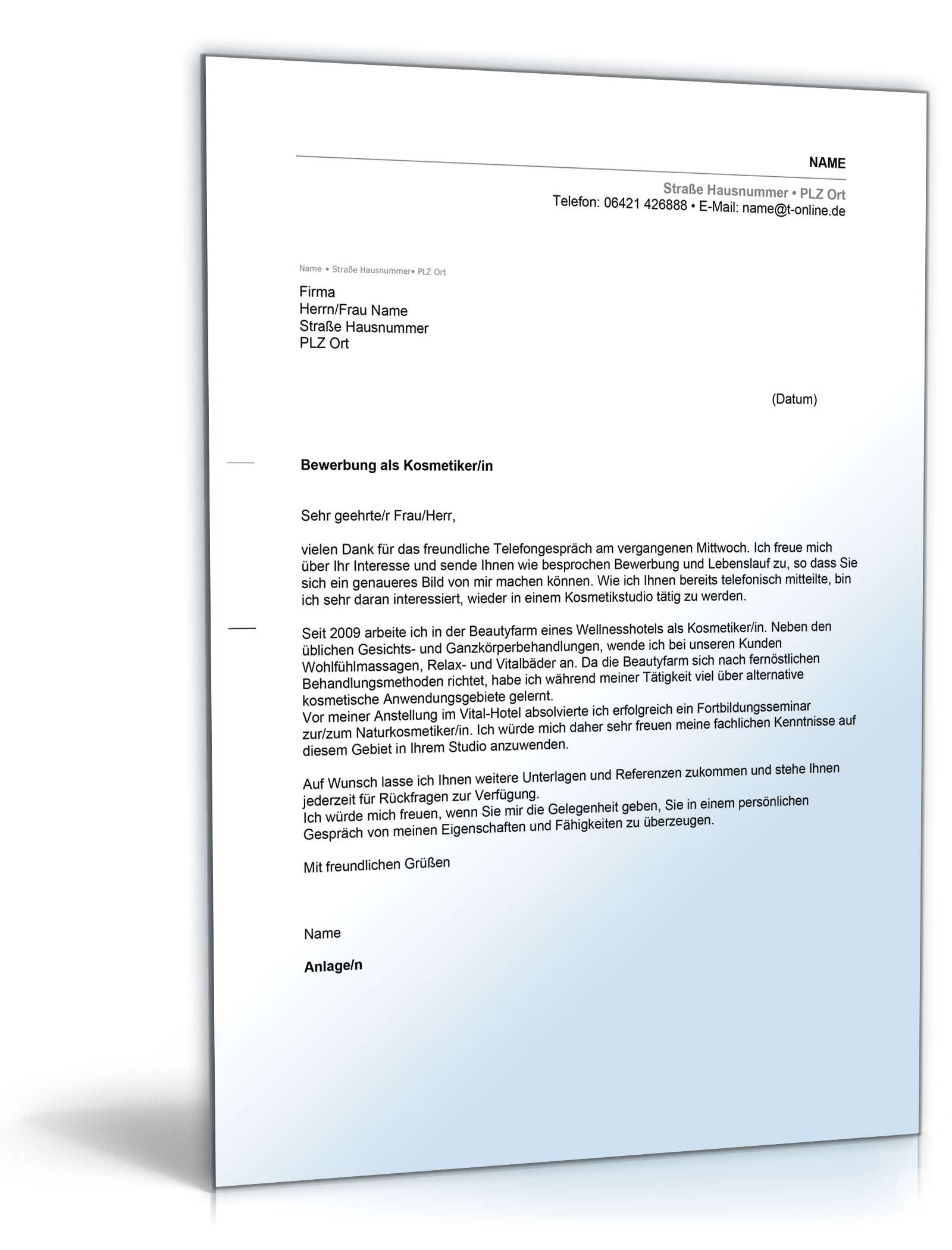 Anschreiben Bewerbung Kosmetikerin Excel