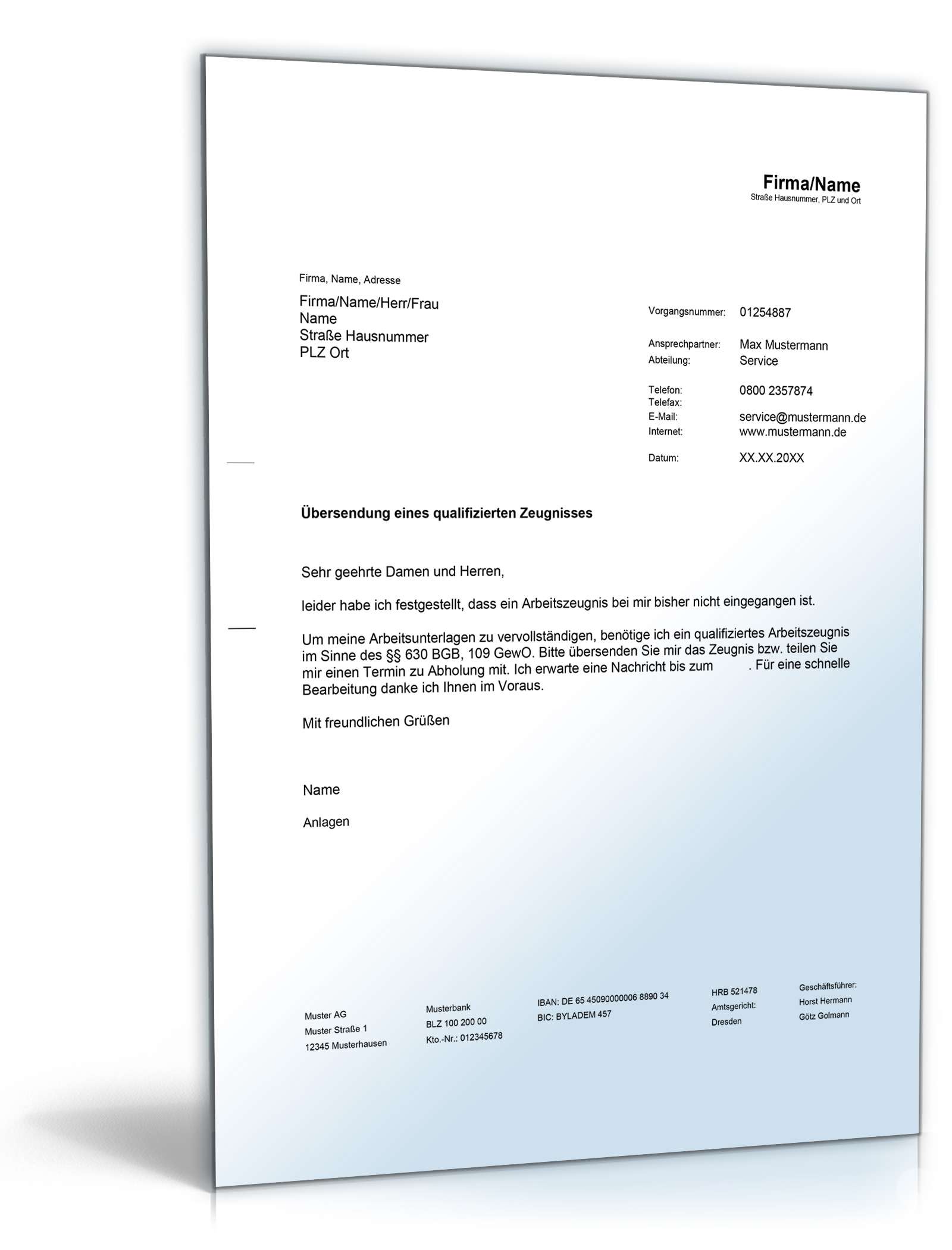 Aufforderung Erteilung qualifiziertes Arbeitszeugnis Word