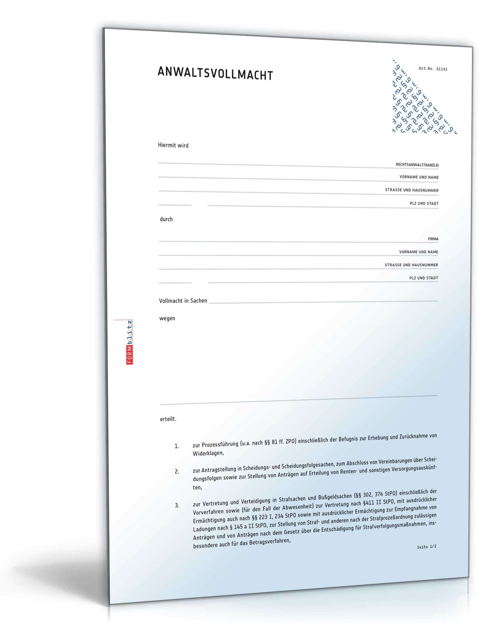 Vollmacht für einen Anwalt PDF
