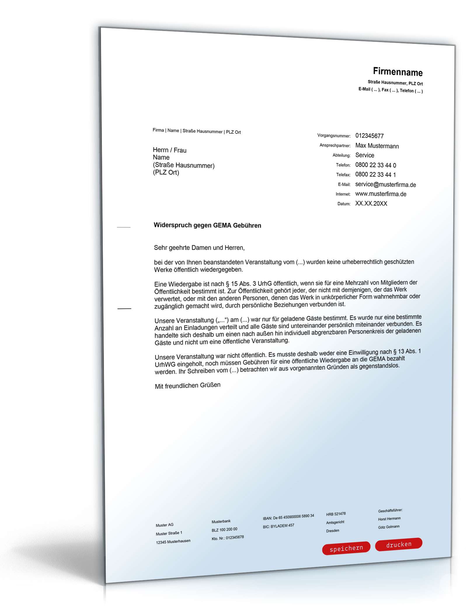 Widerspruch gegen GEMA-Gebühren wegen nicht öffentlicher Veranstaltung  Word