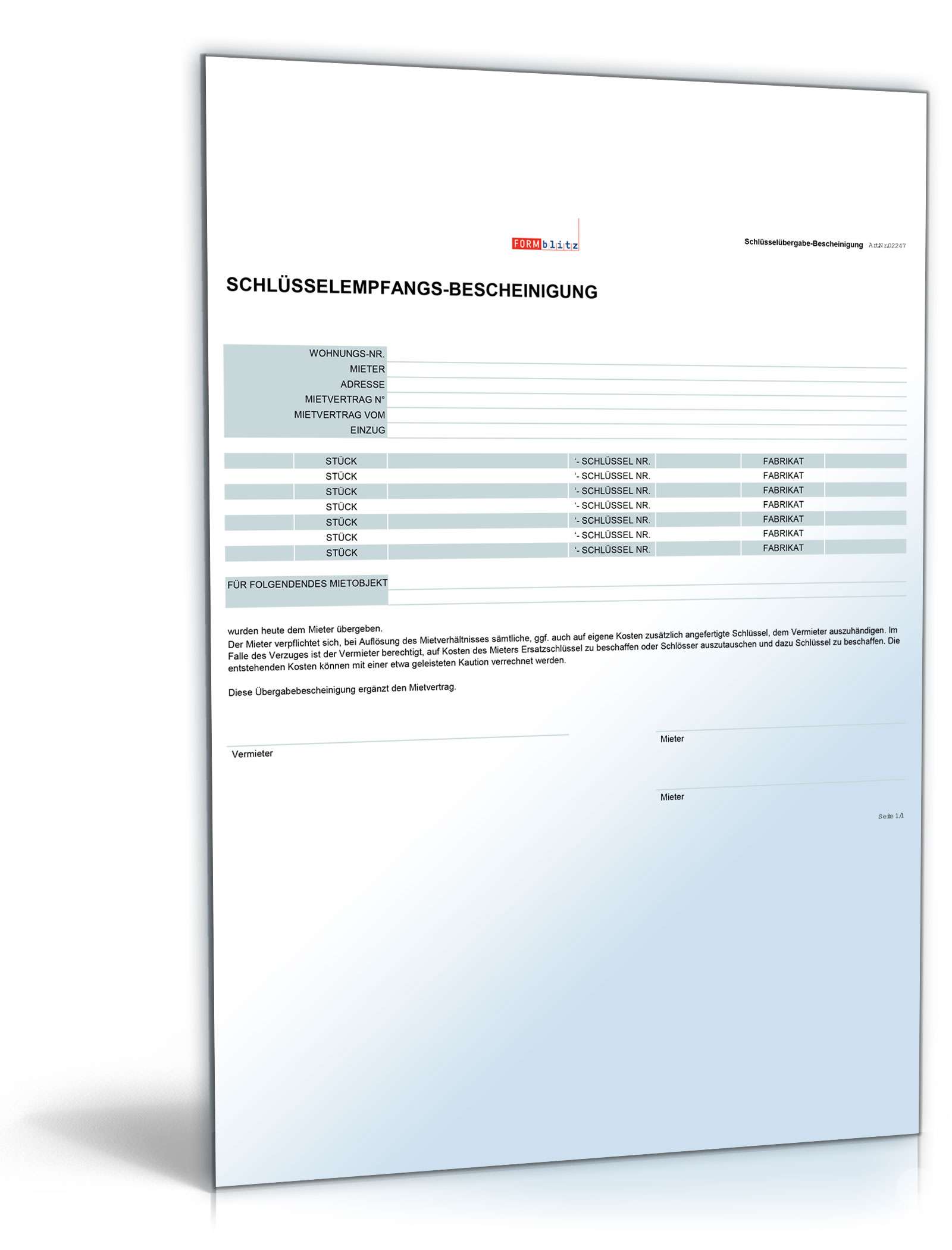 Schlüssel-Empfangsbescheinigung für Mieter Excel. Seite: 2