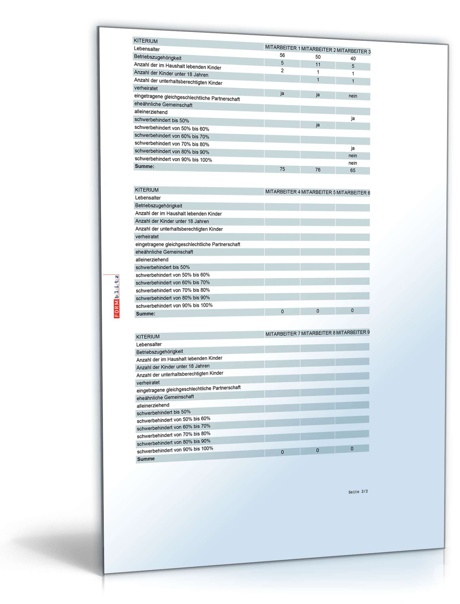 Sozialkriterien Kündigung Excel. Seite: 3