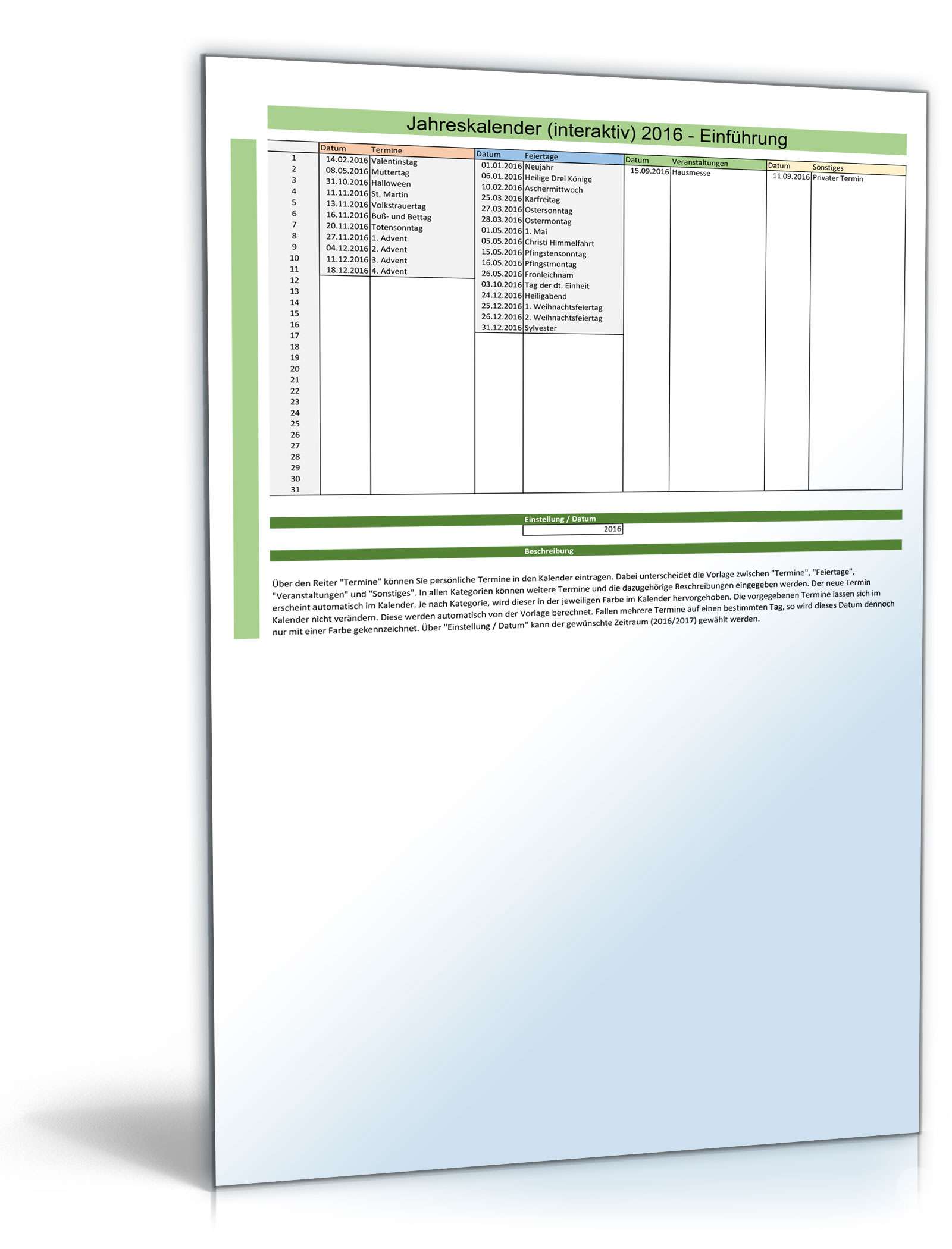 Interaktiver Jahreskalender Excel. Seite: 2