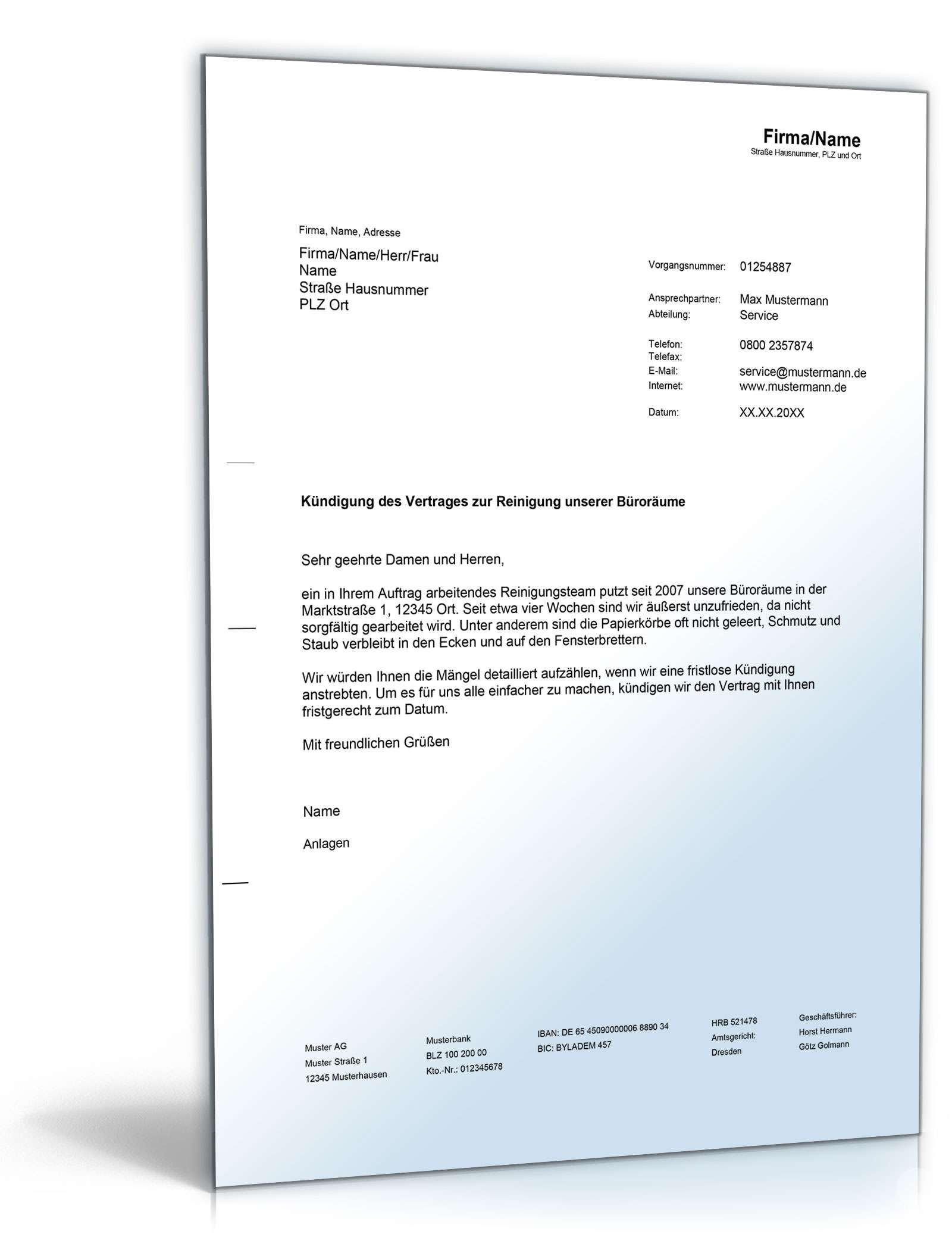 Kündigung Reinigungsdienst Word