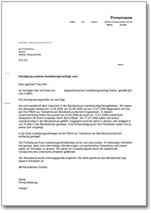 Außerordentliche Kündigung Auszubildender durch Arbeitgeber Word