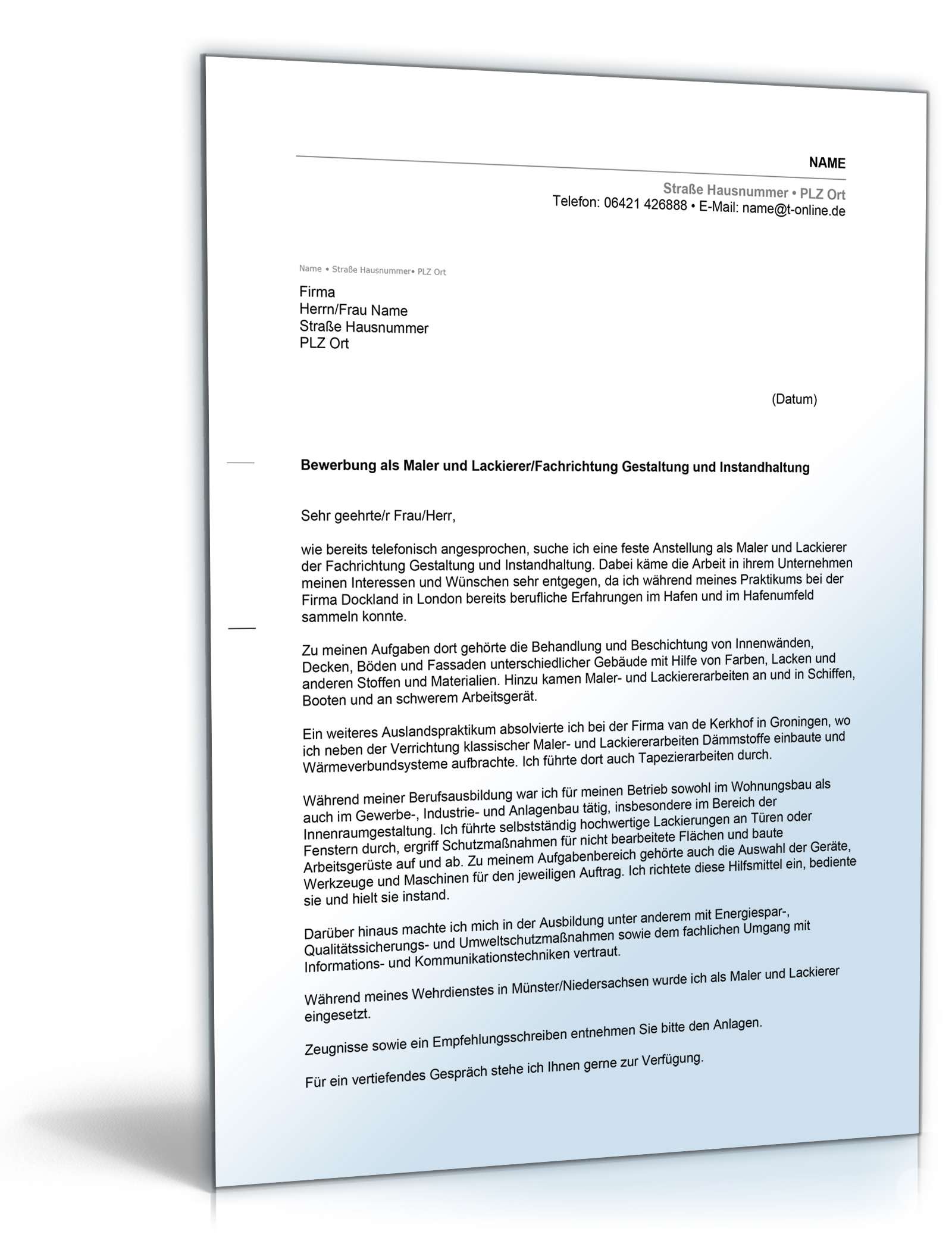 Anschreiben Bewerbung Maler Excel