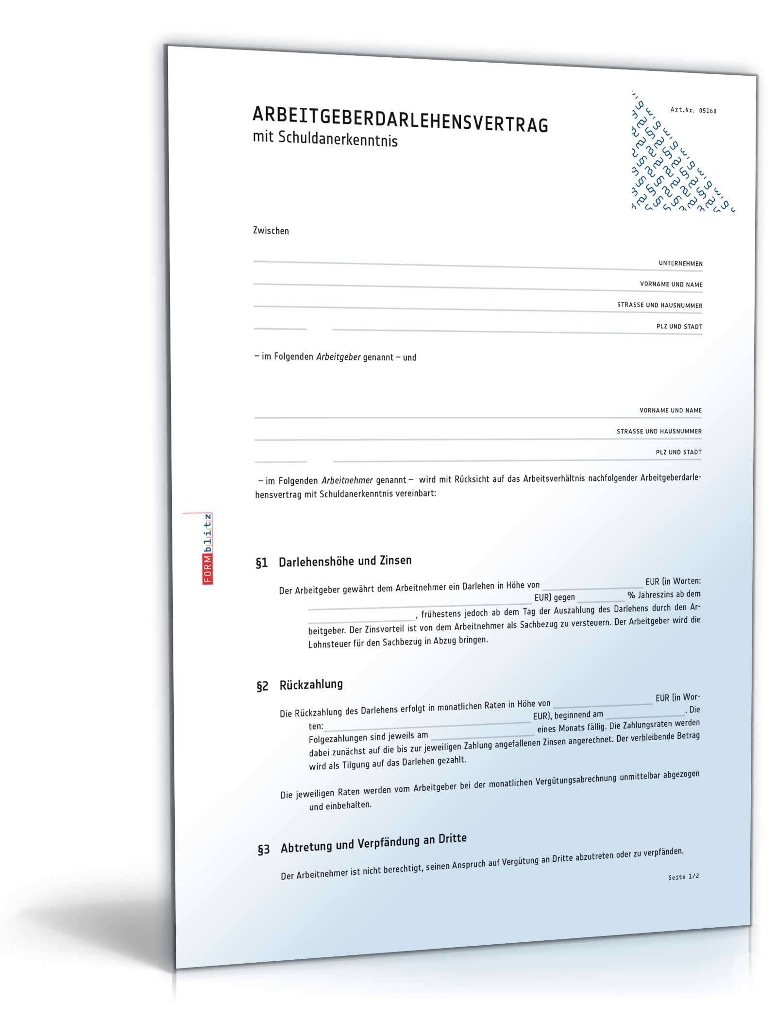 Arbeitgeberdarlehensvertrag mit Schuldanerkenntnis PDF