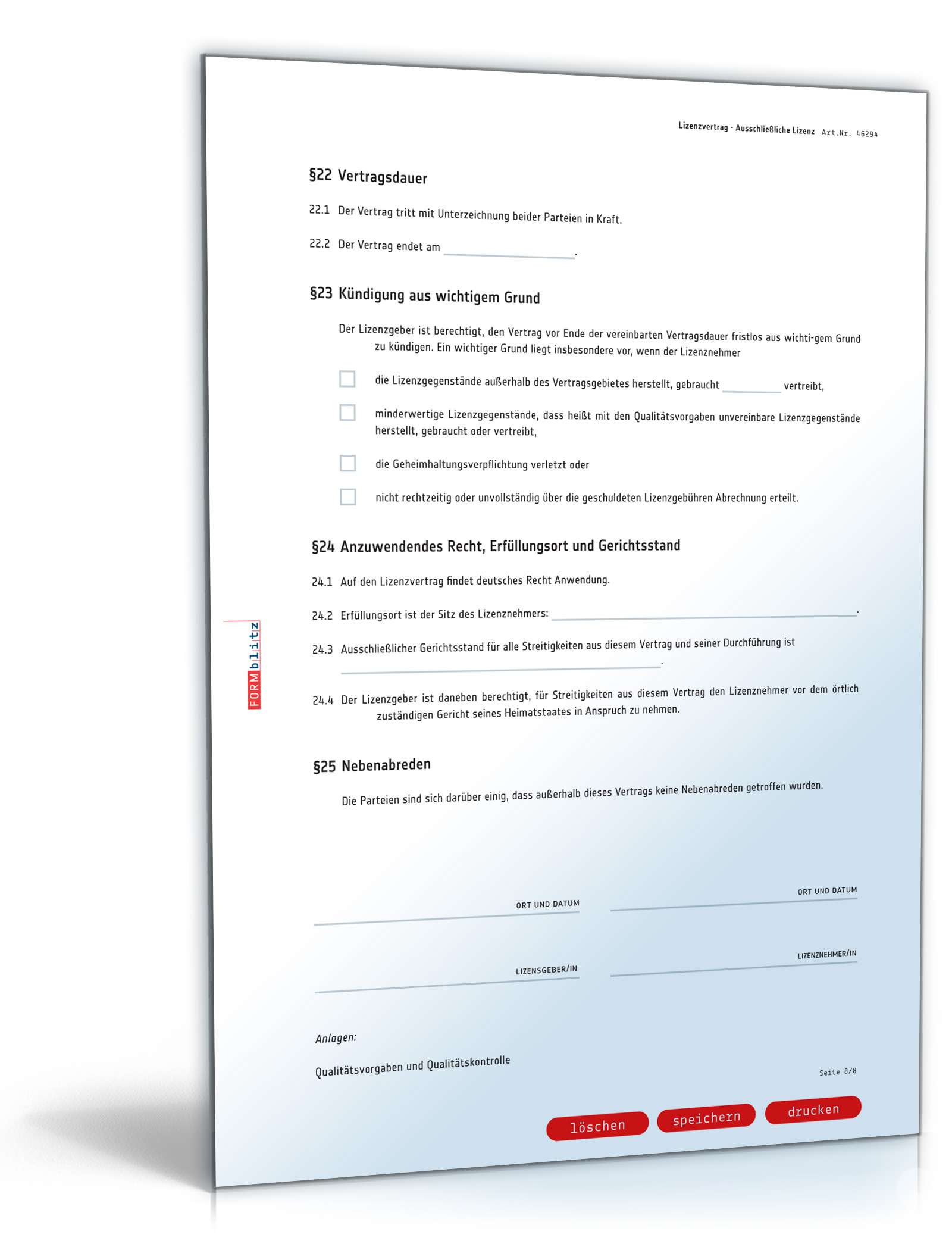 Lizenzvertrag ausschließliche Lizenz PDF. Seite: 8