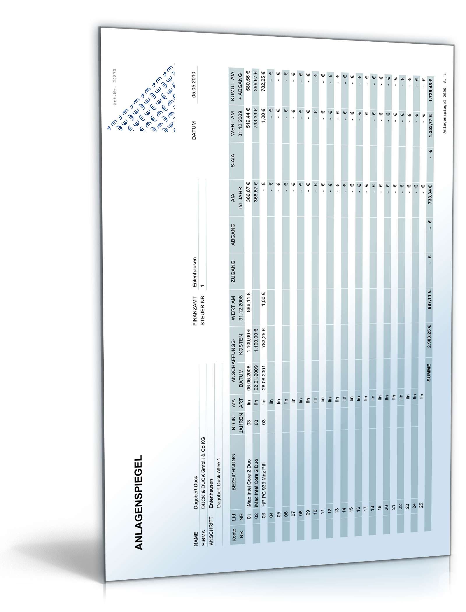 Anlagenverzeichnis Excel