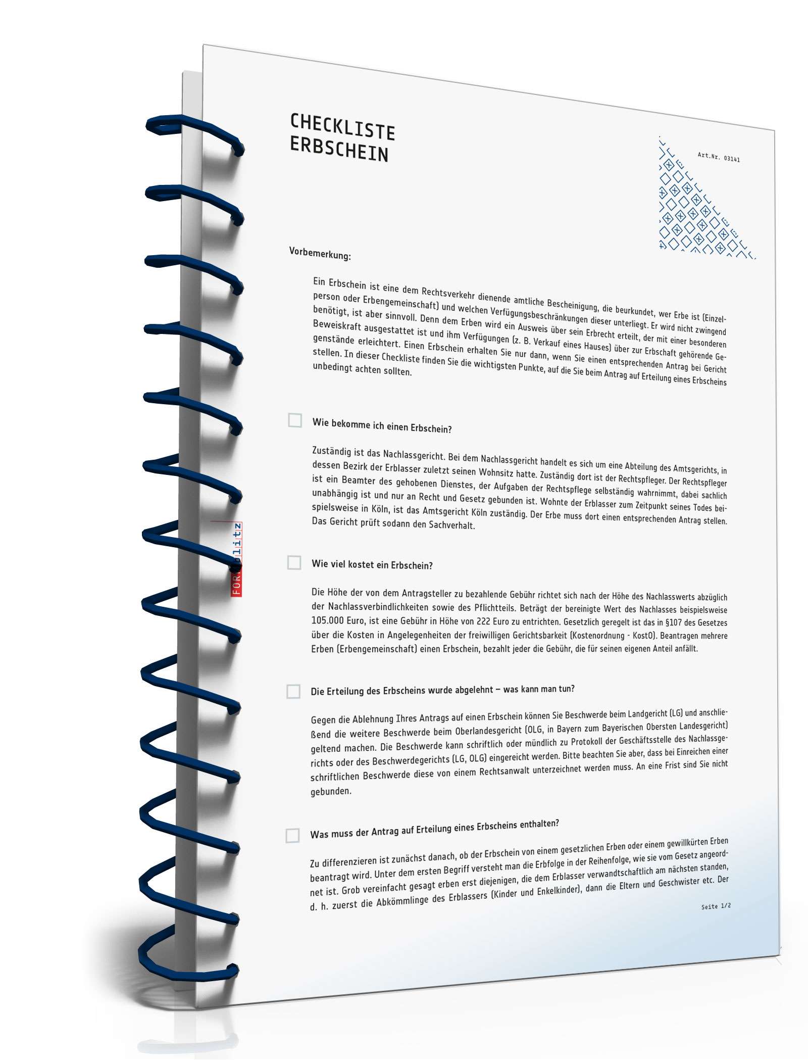 Checkliste für einen Antrag auf Erbschein PDF