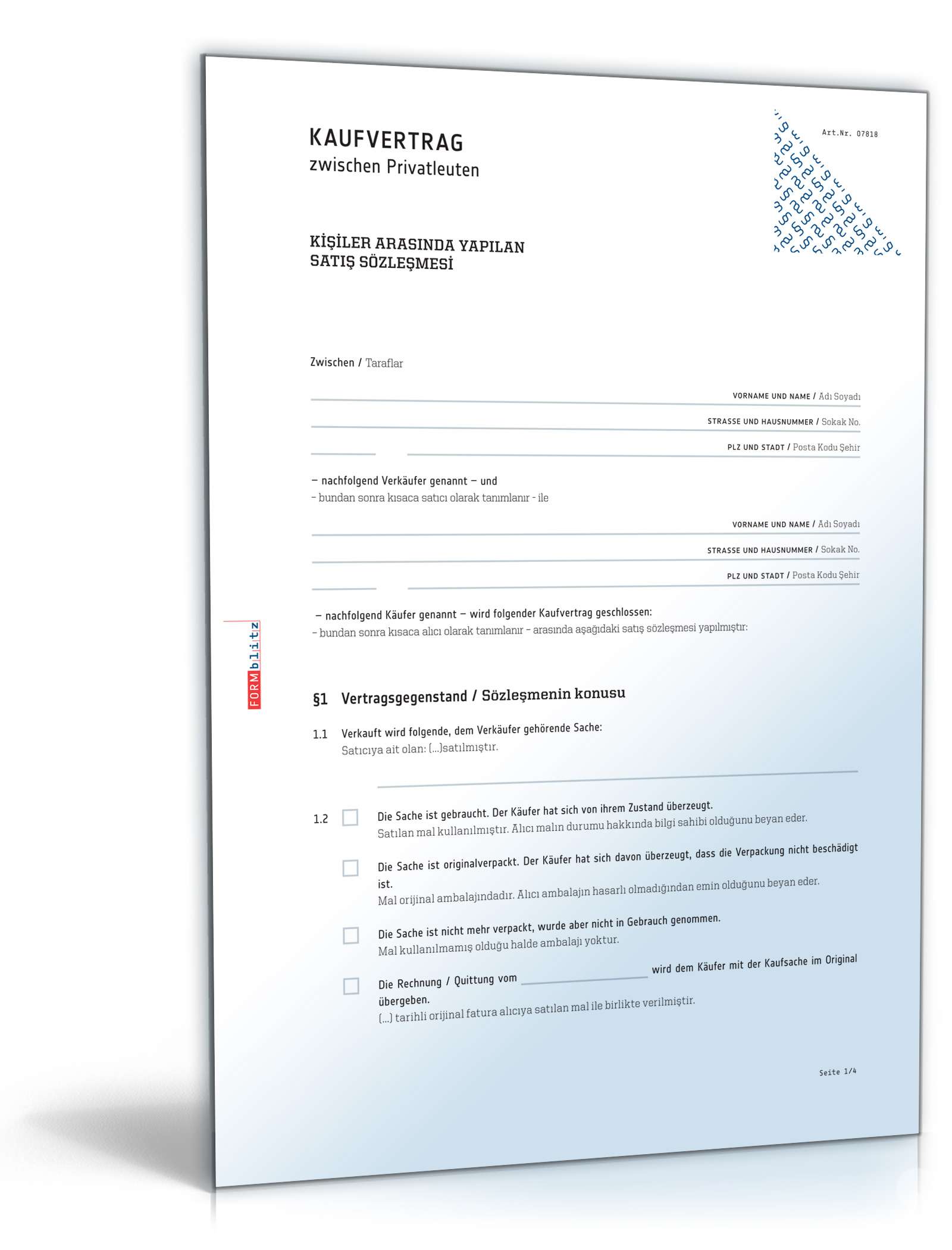 Privater Kaufvertrag (Türkisch/Deutsch) PDF