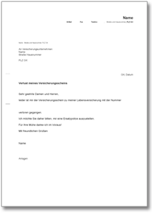 Bitte Ausstellung Ersatzpolice Lebensversicherung Word