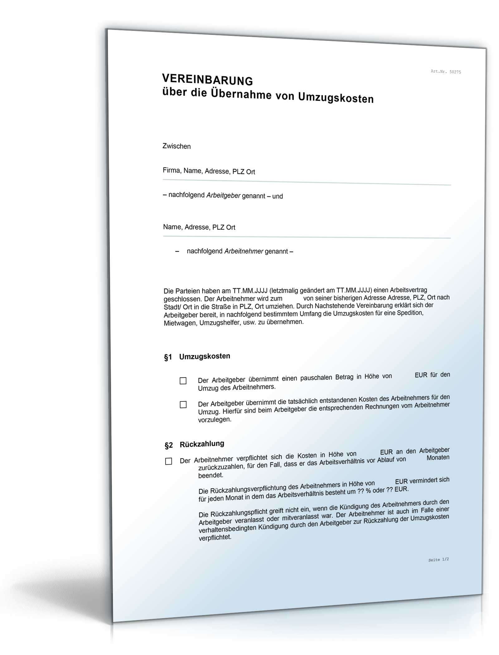 Vereinbarung über die Übernahme von Umzugskosten Word. Seite: 2