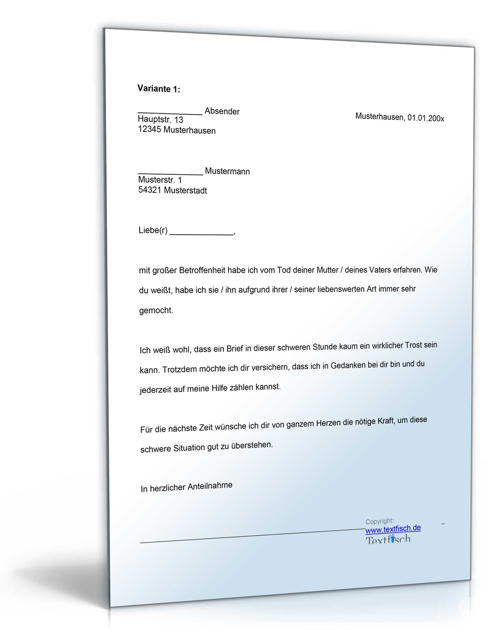 Kondolenzschreiben Tod eines Elternteils im Familien- oder Freundeskreis Word. Seite: 2