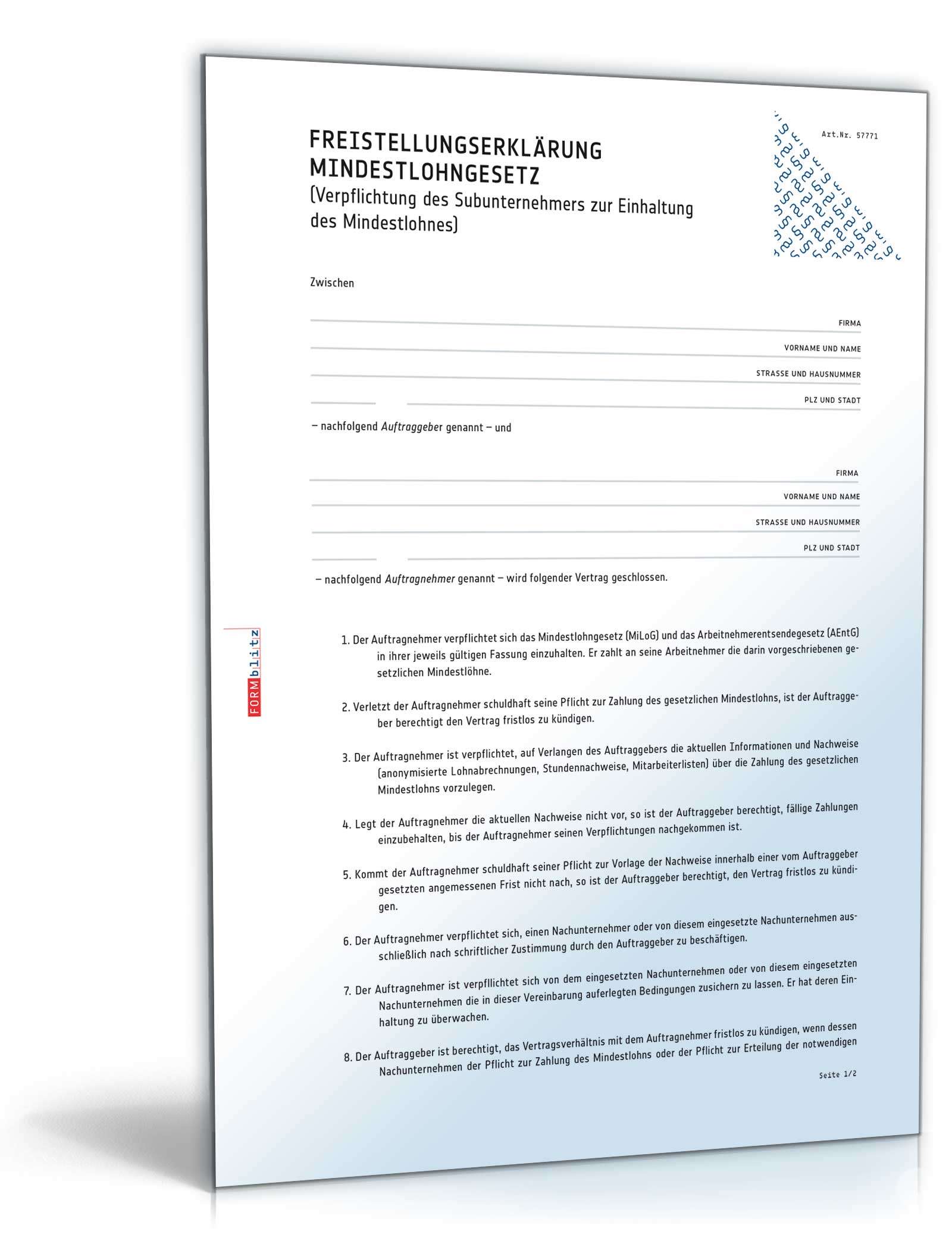 Freistellungserklärung Mindestlohngesetz  PDF