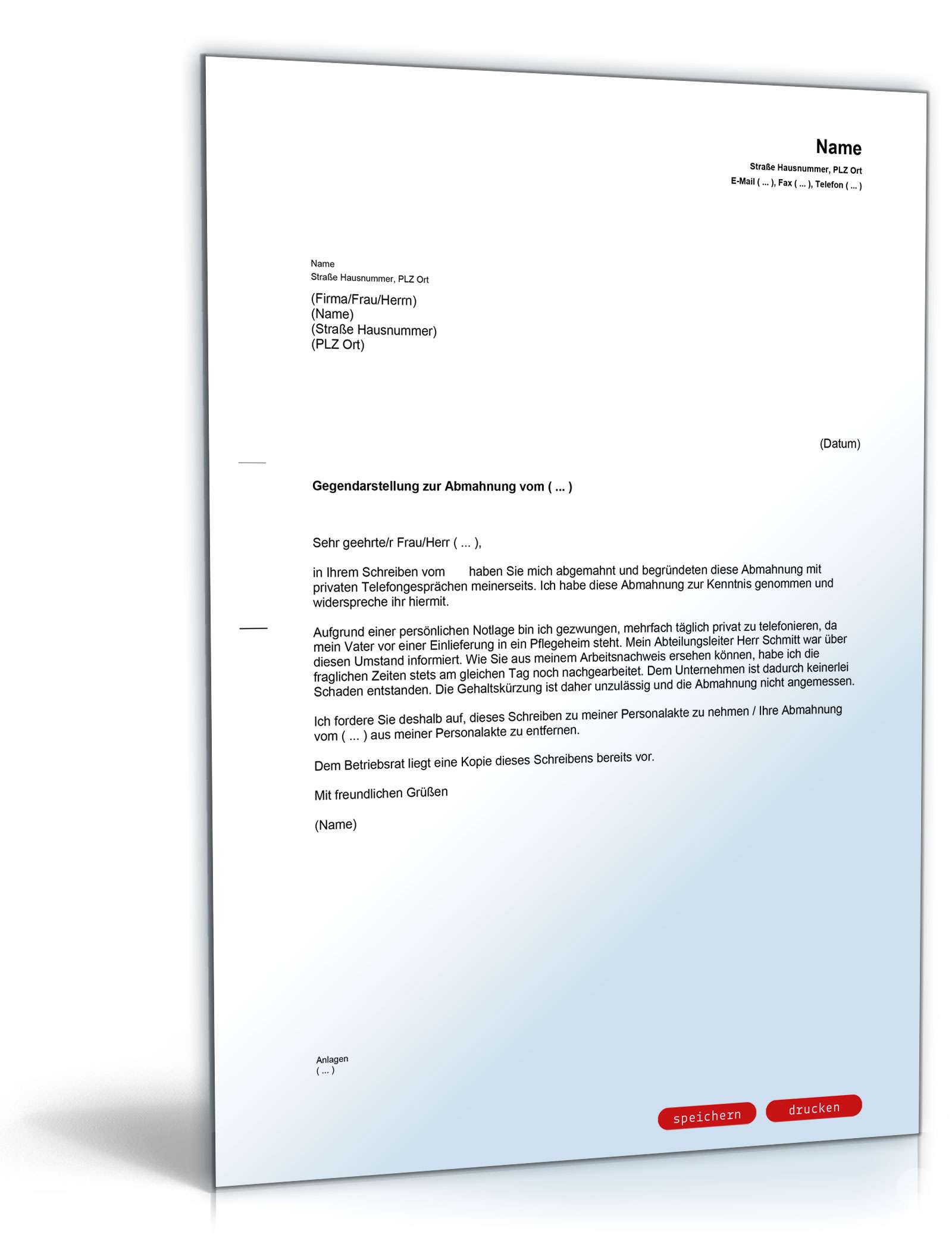 Gegendarstellung Abmahnung privater Telefongespräche PDF