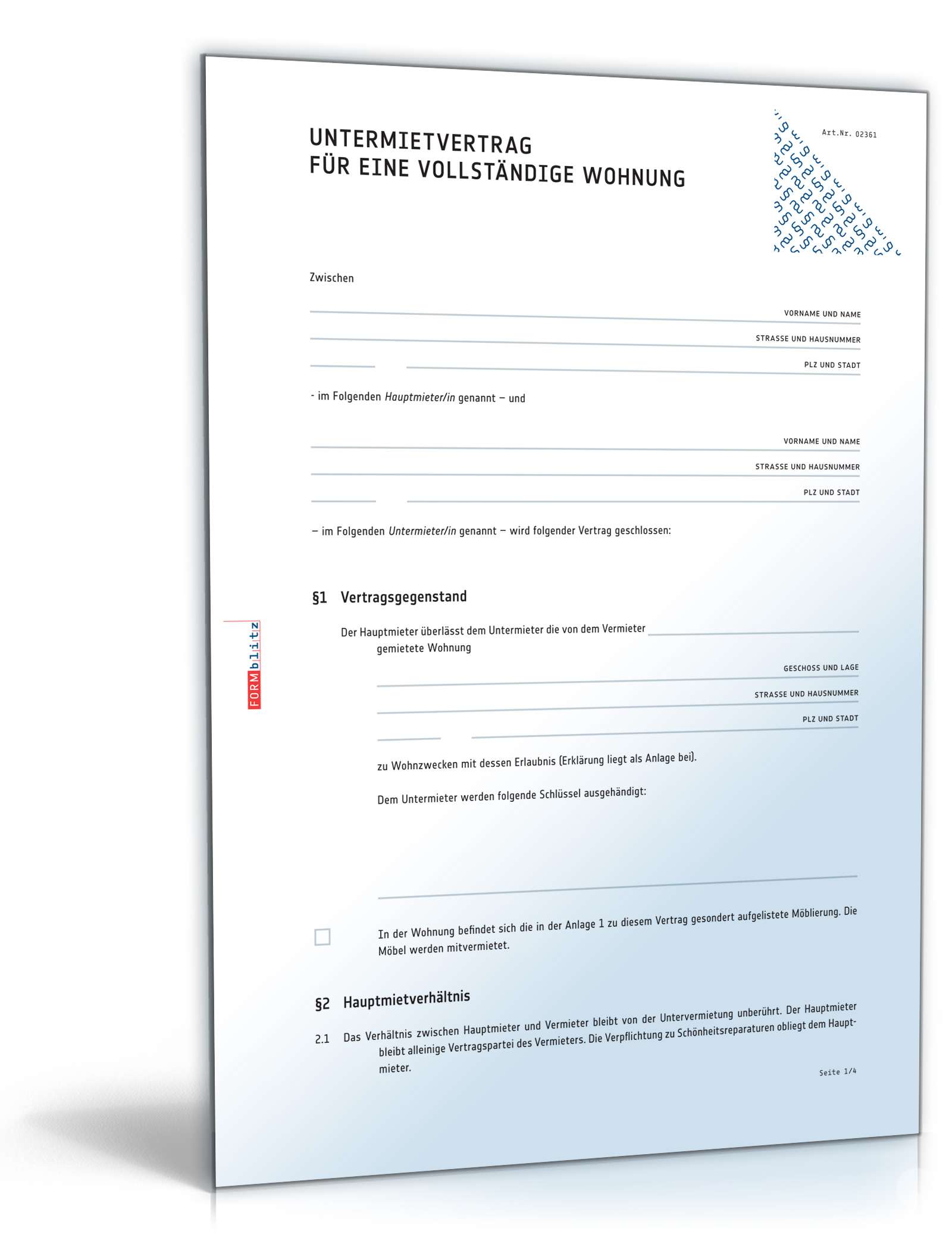 Untermietvertrag vollständige Wohnung PDF