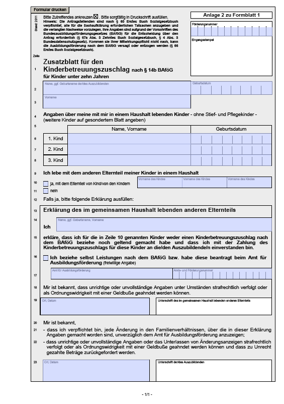 Zusatzblatt für den Kinderbetreuungszuschlag nach § 14b BAföG PDF. Seite: 2