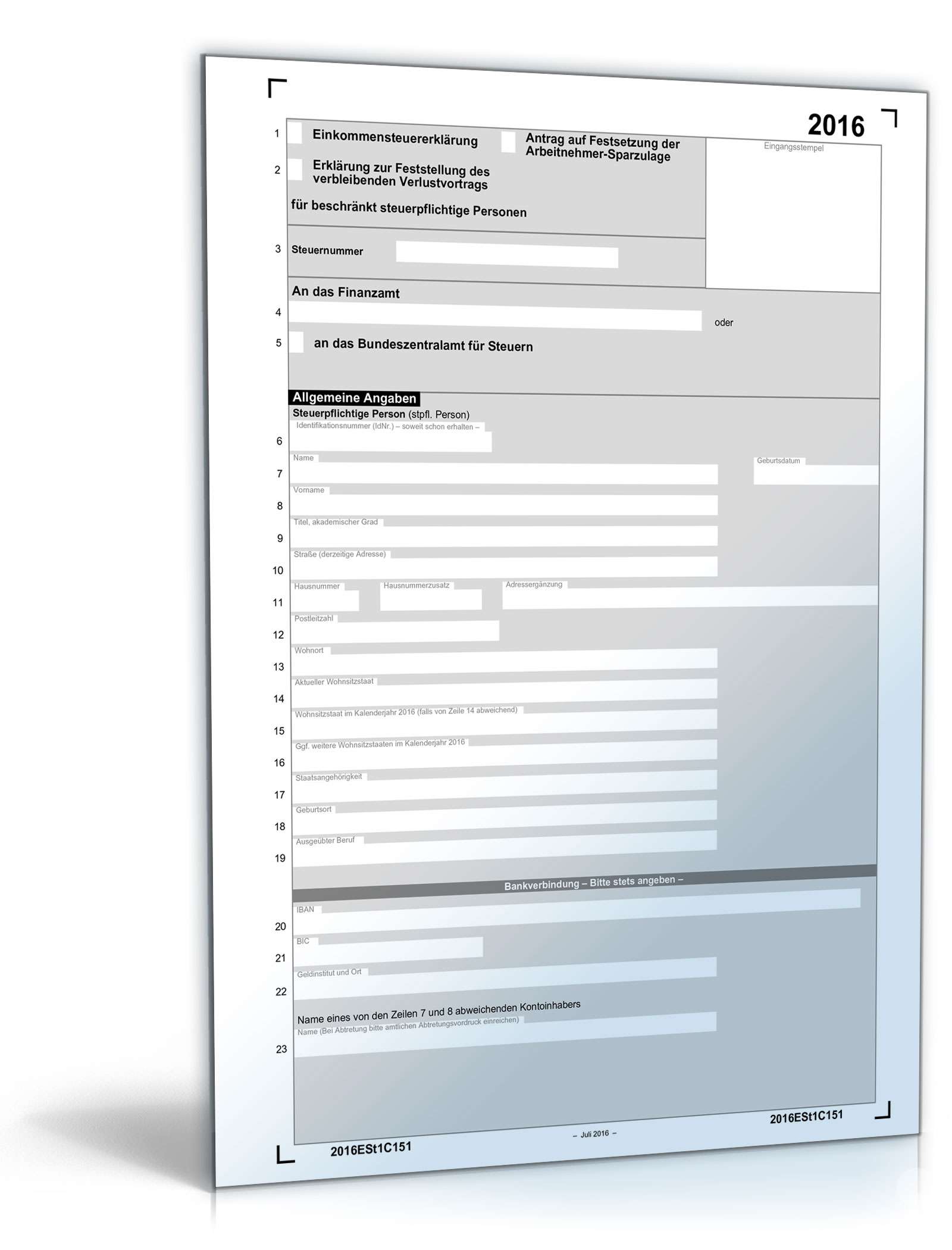 Einkommensteuererklärung für beschränkt Steuerpflichtige 2016 PDF