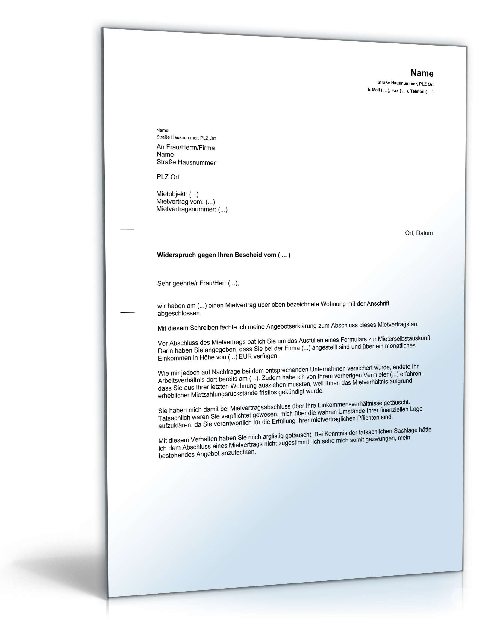 Anfechtung Mietvertrag falsche Einkommensauskunft PDF