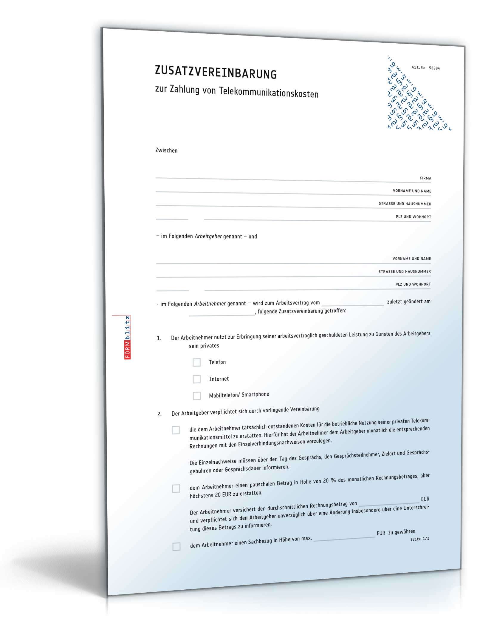 Zusatzvereinbarung zur Zahlung von Telekommunikationskosten PDF
