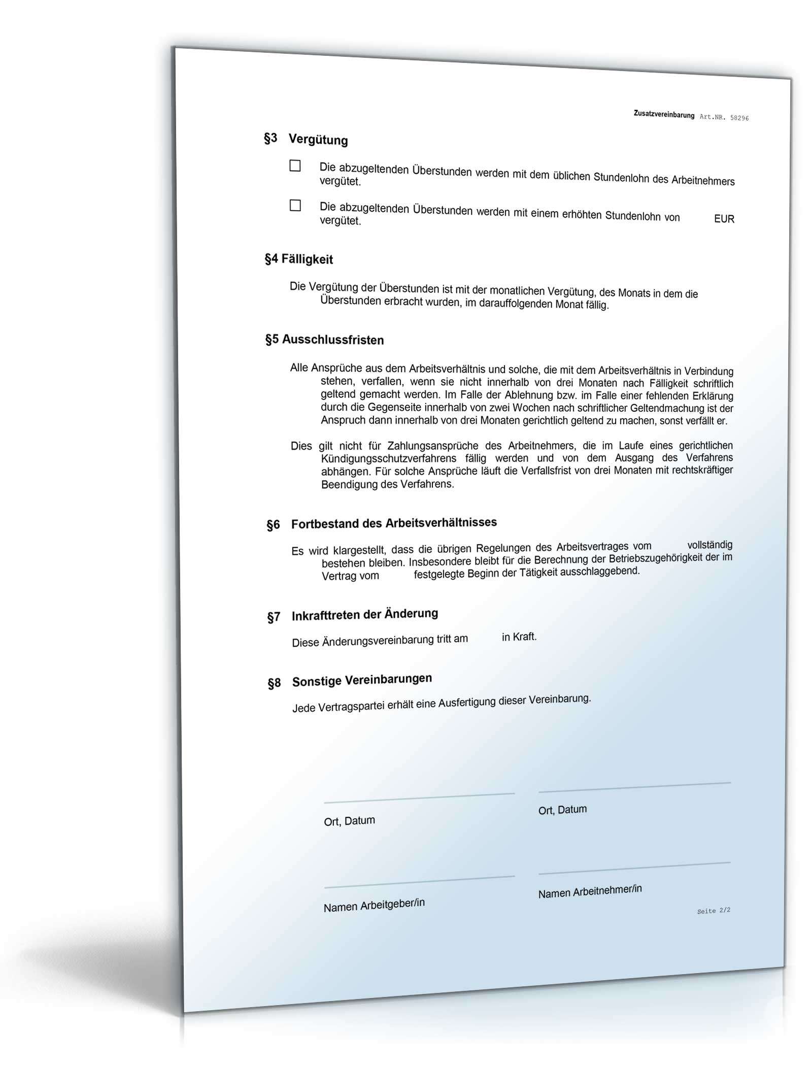 Zusatzvereinbarung Überstunden Word. Seite: 2