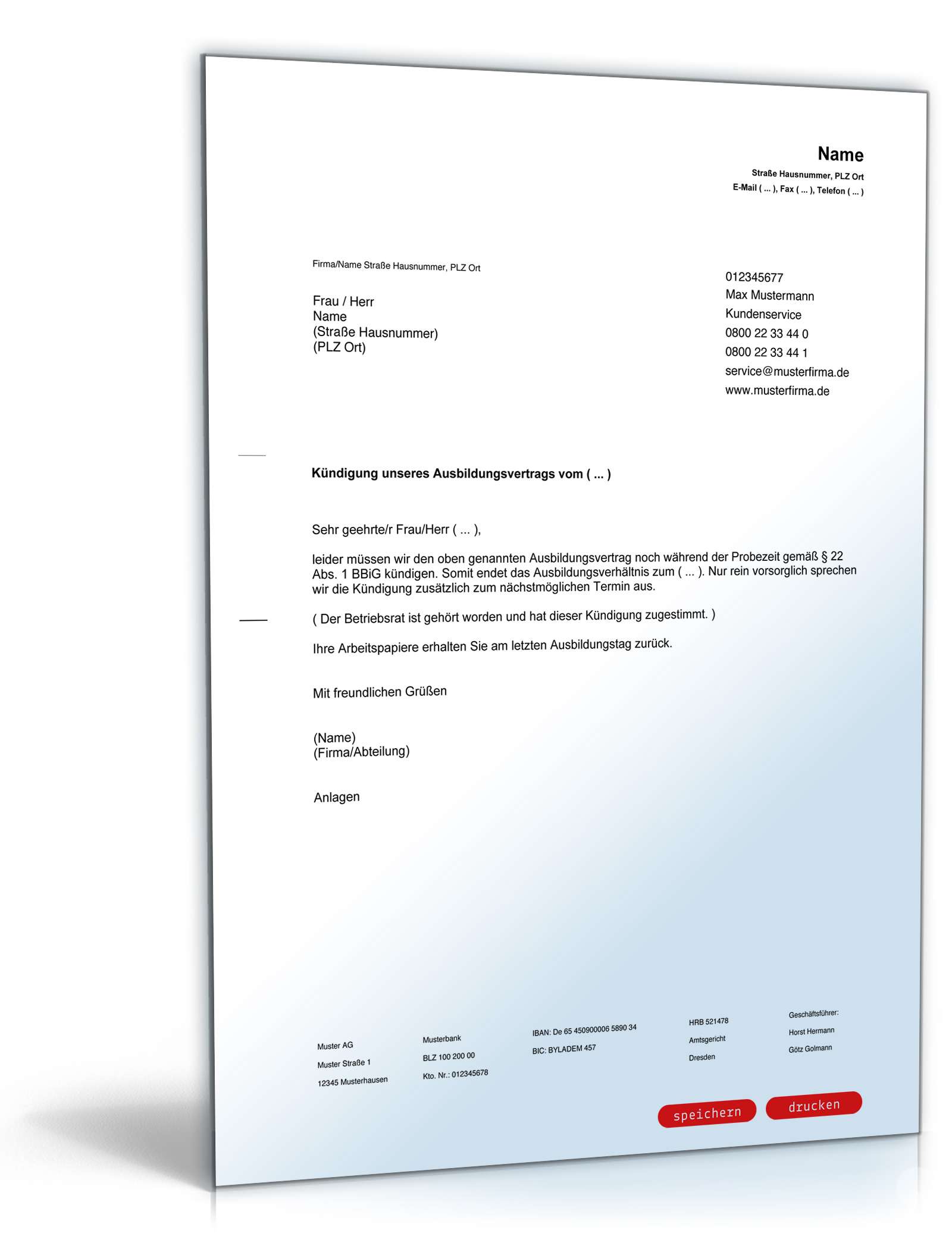 Fristgemäße Kündigung Auszubildender PDF