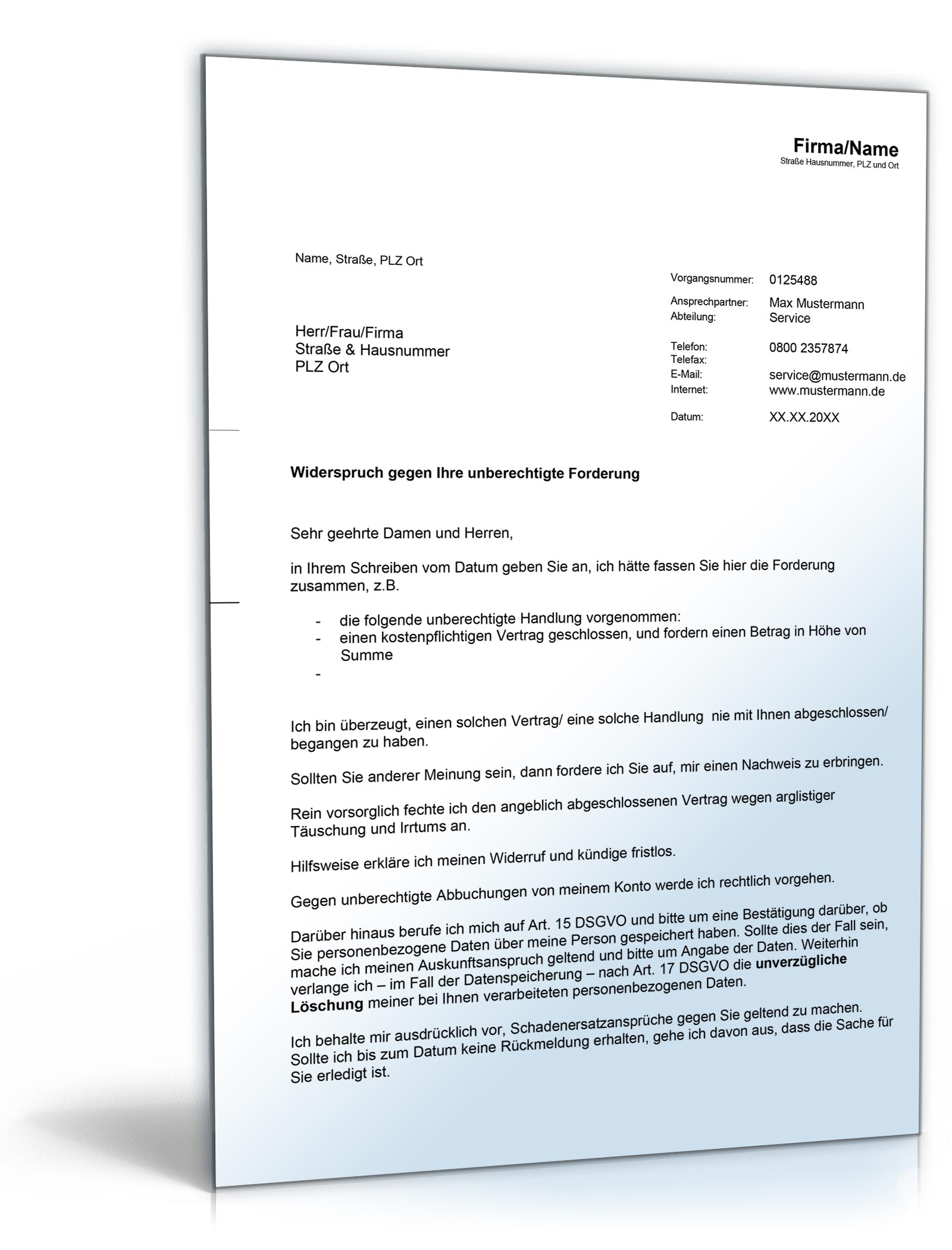 Widerspruch unberechtigte Forderung Word