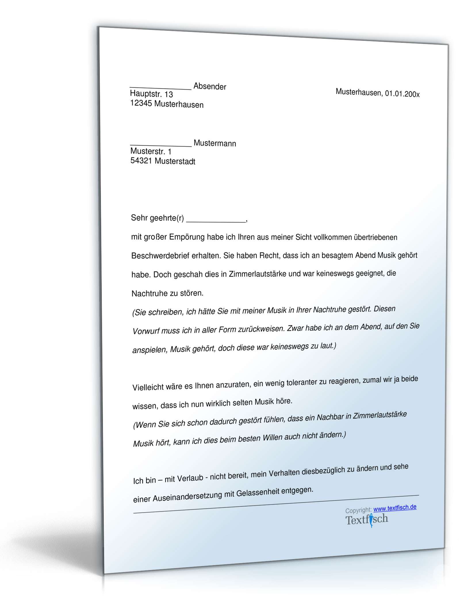 Zurückweisung Beschwerde Lärmbelästigung Word