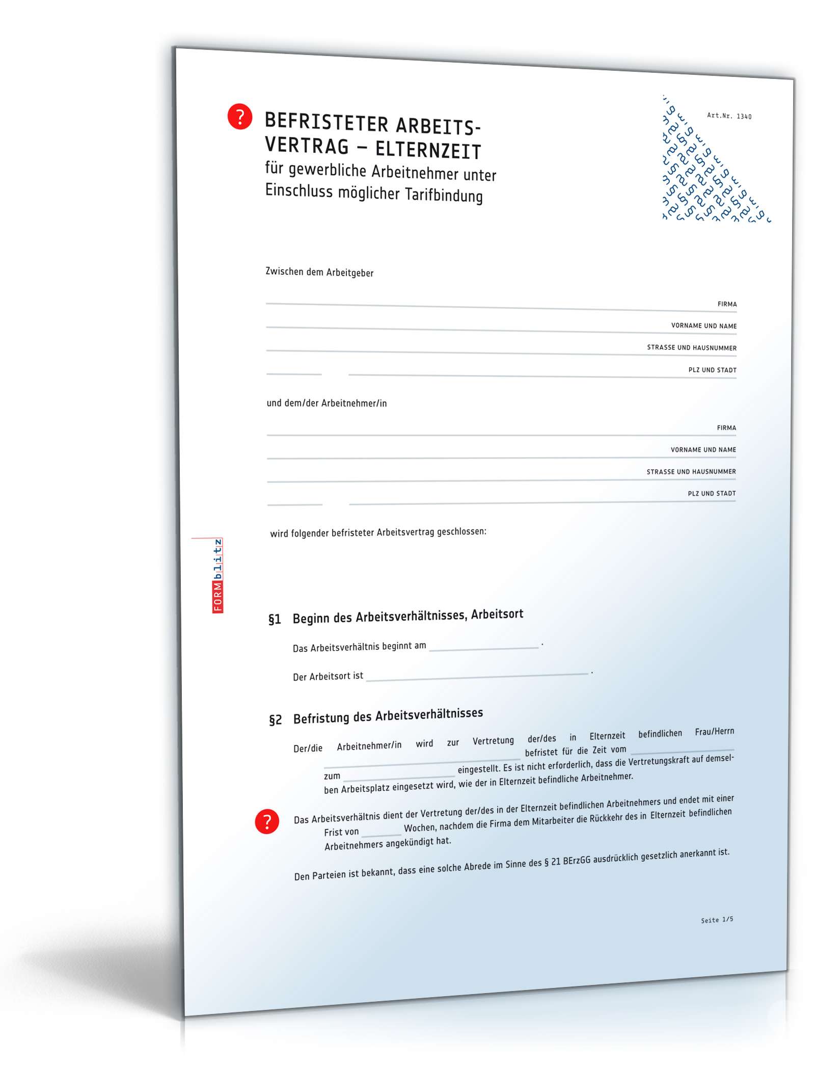 Befristeter Arbeitsvertrag Elternzeit mit Tarif Word