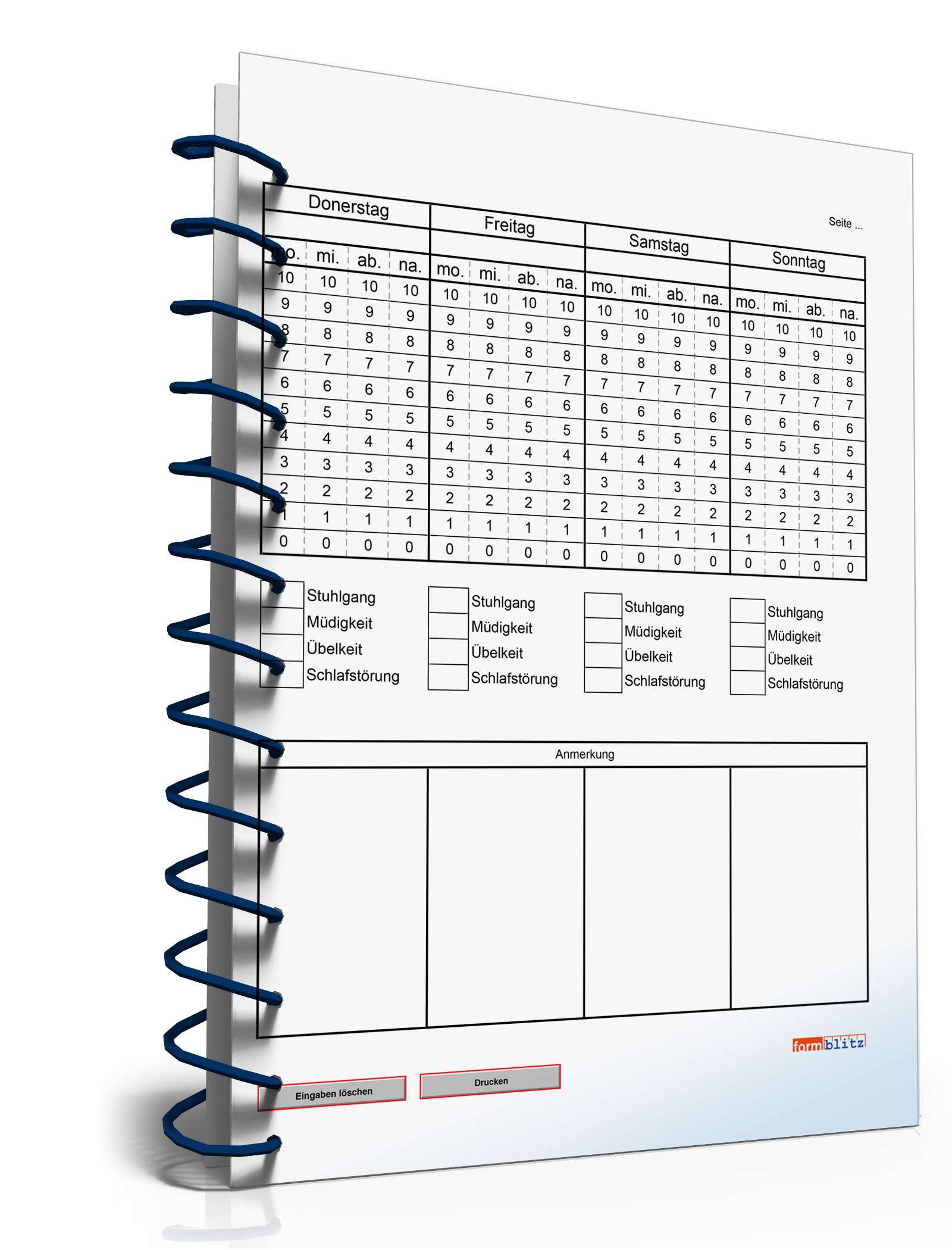 Schmerztagebuch Woche PDF. Seite: 4