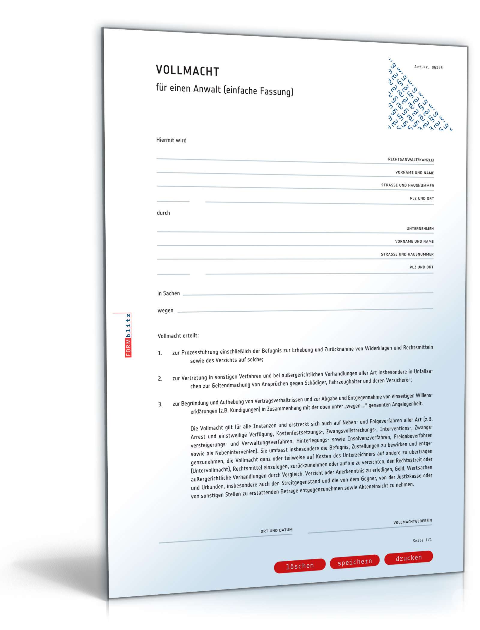 Einfache Anwaltsvollmacht PDF