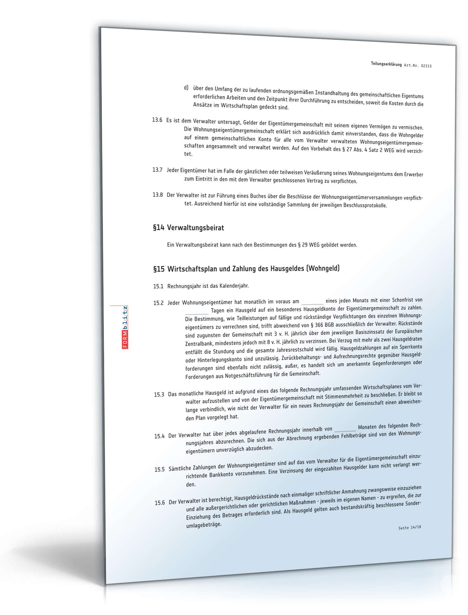 Teilungserklärung Wohnungseigentum PDF. Seite: 14