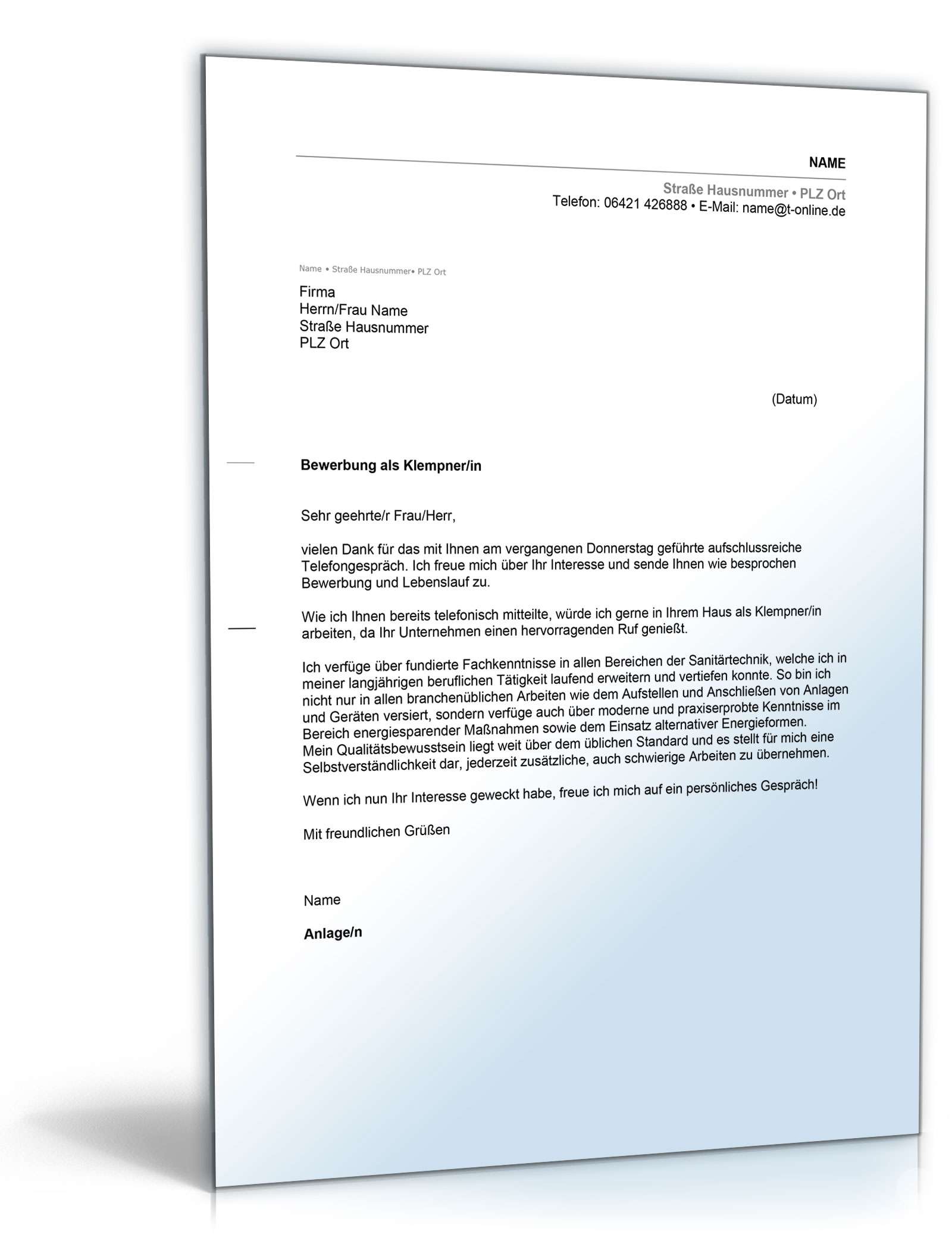 Anschreiben Bewerbung Klempner Excel