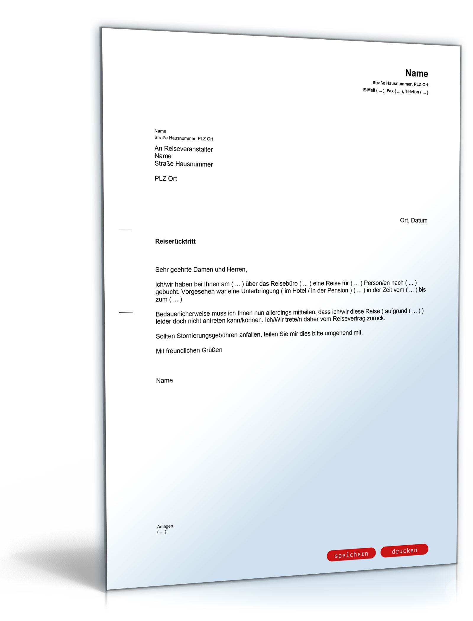 Reiserücktrittserklärung ohne Versicherung PDF