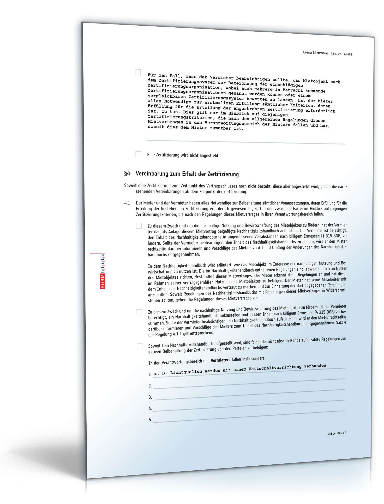 Grüner Mietvertrag für Gewerbe PDF. Seite: 4