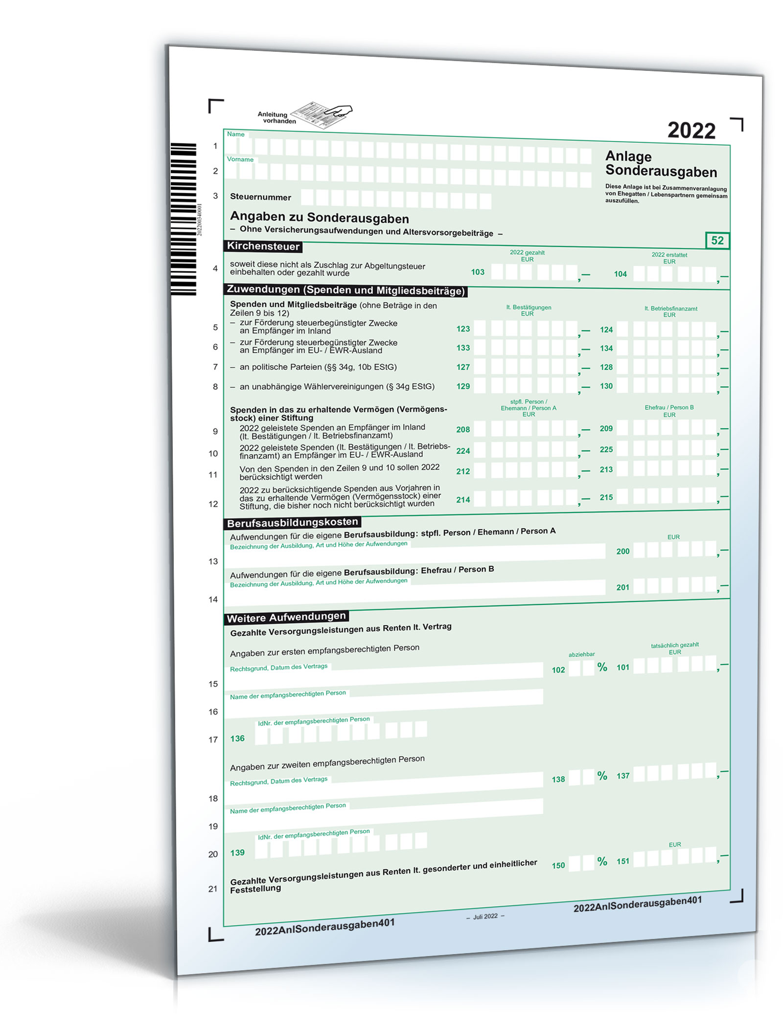 Anlage Sonderausgaben 2022 Mantelbogen PDF