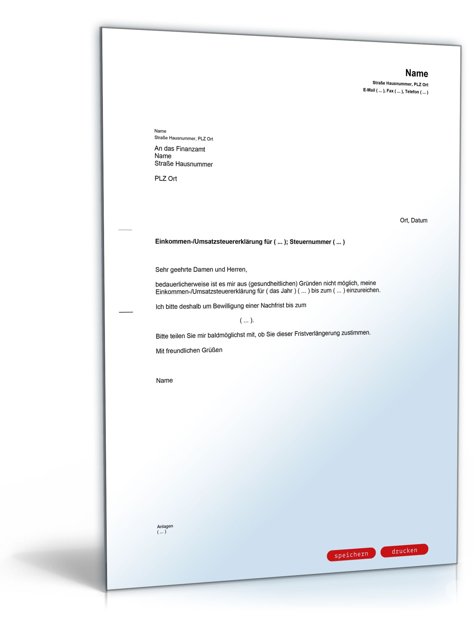 Antrag an das Finanzamt auf eine Nachfrist für die Steuererklärung PDF