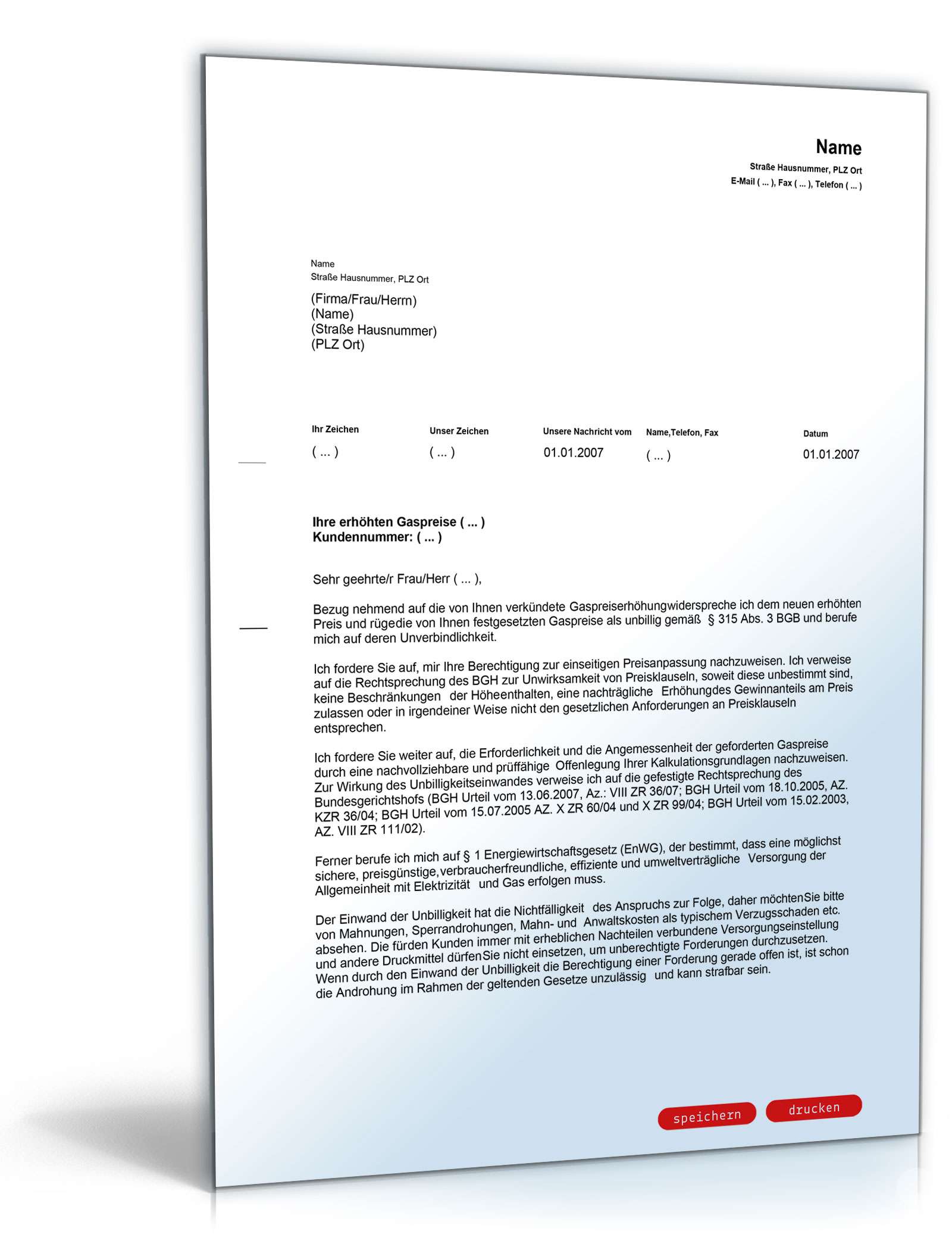 Widerspruch Preiserhöhung Gasversorger PDF